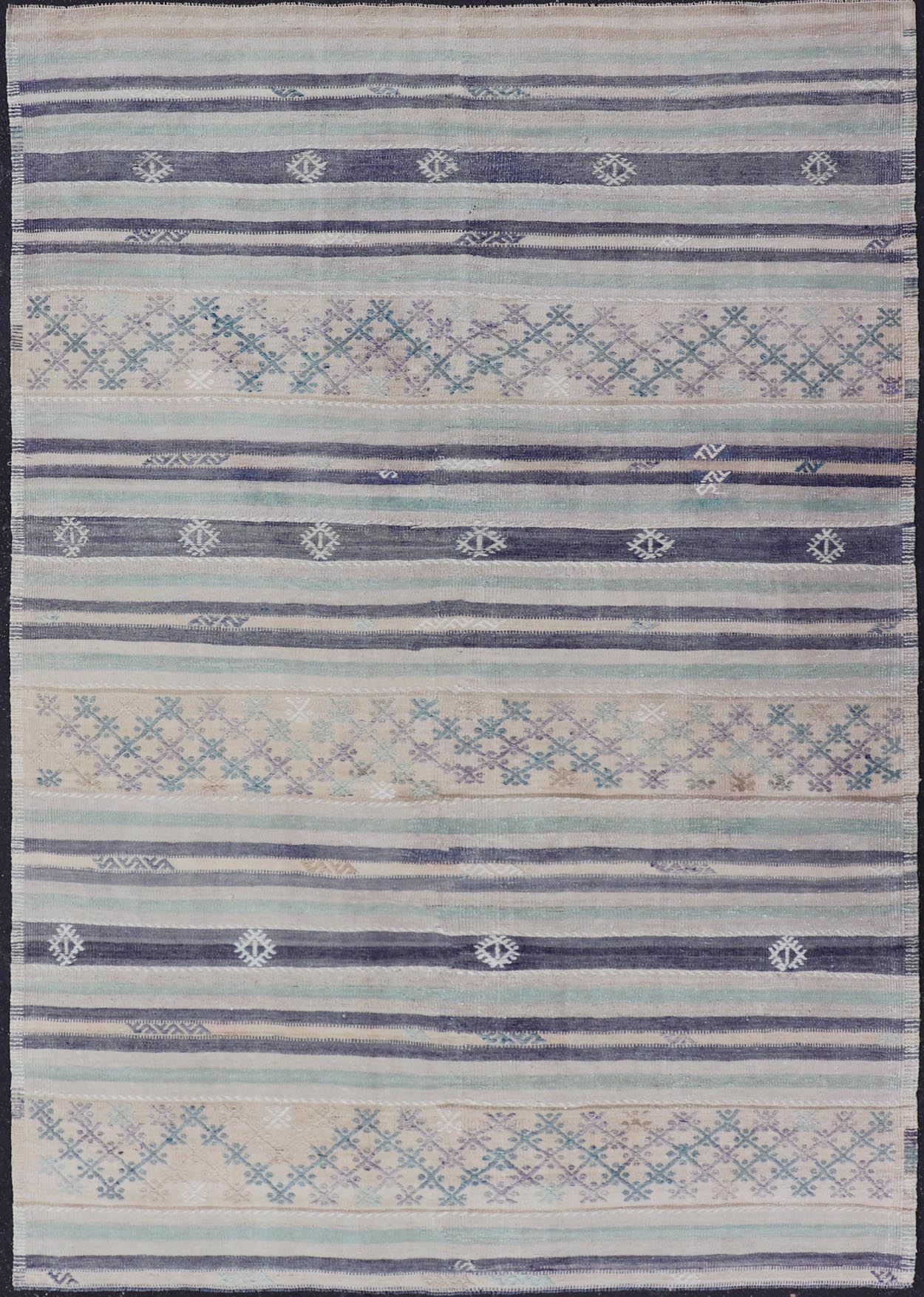 Vintage Turkish Flat - Weave L. teal, Taupe, butter, Lavender & Ink Blue. Keivan Woven Arts / rug/EN - 15179, country of origin / type: Turkey / Kilim, circa 1950 Measures: 5'6 x 8'0 This vintage flat - woven Kilim features a minimalist design... - Keivan Woven ArtsEN - 15179 - 24037Rug