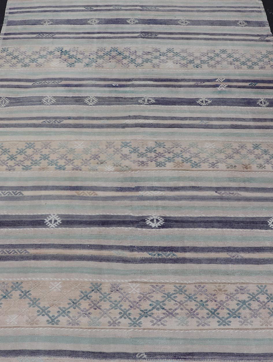 Vintage Turkish Flat - Weave L. teal, Taupe, butter, Lavender & Ink Blue. Keivan Woven Arts / rug/EN - 15179, country of origin / type: Turkey / Kilim, circa 1950 Measures: 5'6 x 8'0 This vintage flat - woven Kilim features a minimalist design... - Keivan Woven ArtsEN - 15179 - 24037Rug