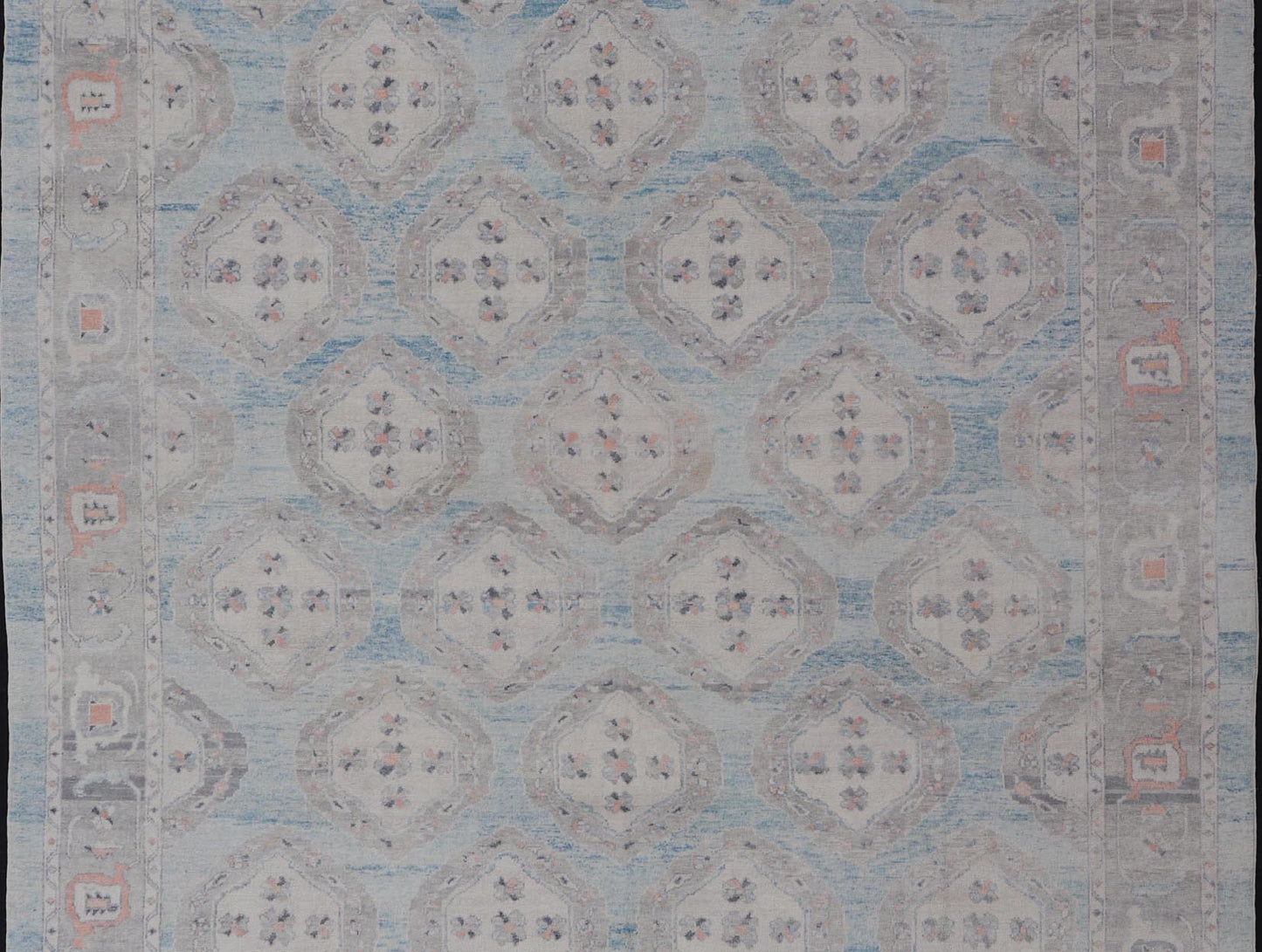 Measures: 13'9 x 17'6 All - Over Tribal Motifs Design Light Blue with Hints of Orange Turkish Oushak Rug. Keivan Woven Arts, rug EN - 15206, country of origin or type: Turkish Oushak This striking Turkish Oushak rug bears a light blue body that ... - Keivan Woven ArtsEN - 15206 - 22428Rug
