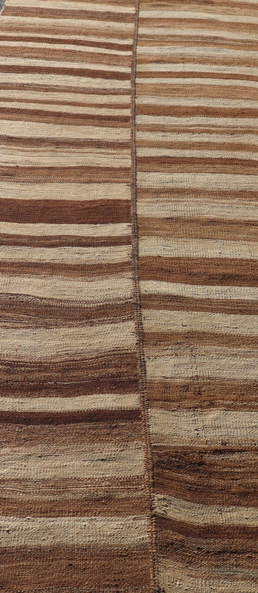 Measures: 5'0 x 14'7 Long Vintage Turkish Kilim Gallery Runner with Shades Brown and Cream Stripes. Keivan Woven Arts / rug EN - 15246, country of origin / type: Turkey / Kilim, circa 1950 This vintage flat - woven Kilim gallery runner features ... - Keivan Woven ArtsEN - 15246 - 22614Rug