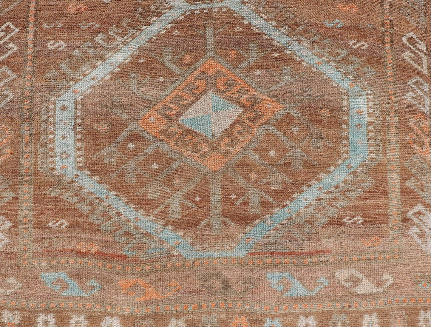 Colorful Turkish Kars Runner in Softer Tones with Tribal and Geometric Motifs. Keivan Woven Arts / rug/EN - 15341, country of origin / type: Turkey / Oushak, circa 1930 Measures: 3'9 x 10'9 This Unique & Colorful Turkish Kars runner featu... - Keivan Woven ArtsEN - 15341 - 23607Rug