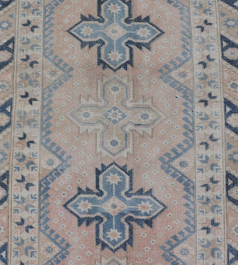 Long Vintage Turkish Oushak Runner in Various Blue, Taupe, Salmon and Cream. Keivan Woven Arts / rug EN - 15349, country of origin / type: Turkey / Oushak, circa 1940. Measures: 2'11 x 15'5 This Long and narrow vintage Turkish Oushak runn... - Keivan Woven ArtsEN - 15349 - 23613Rug