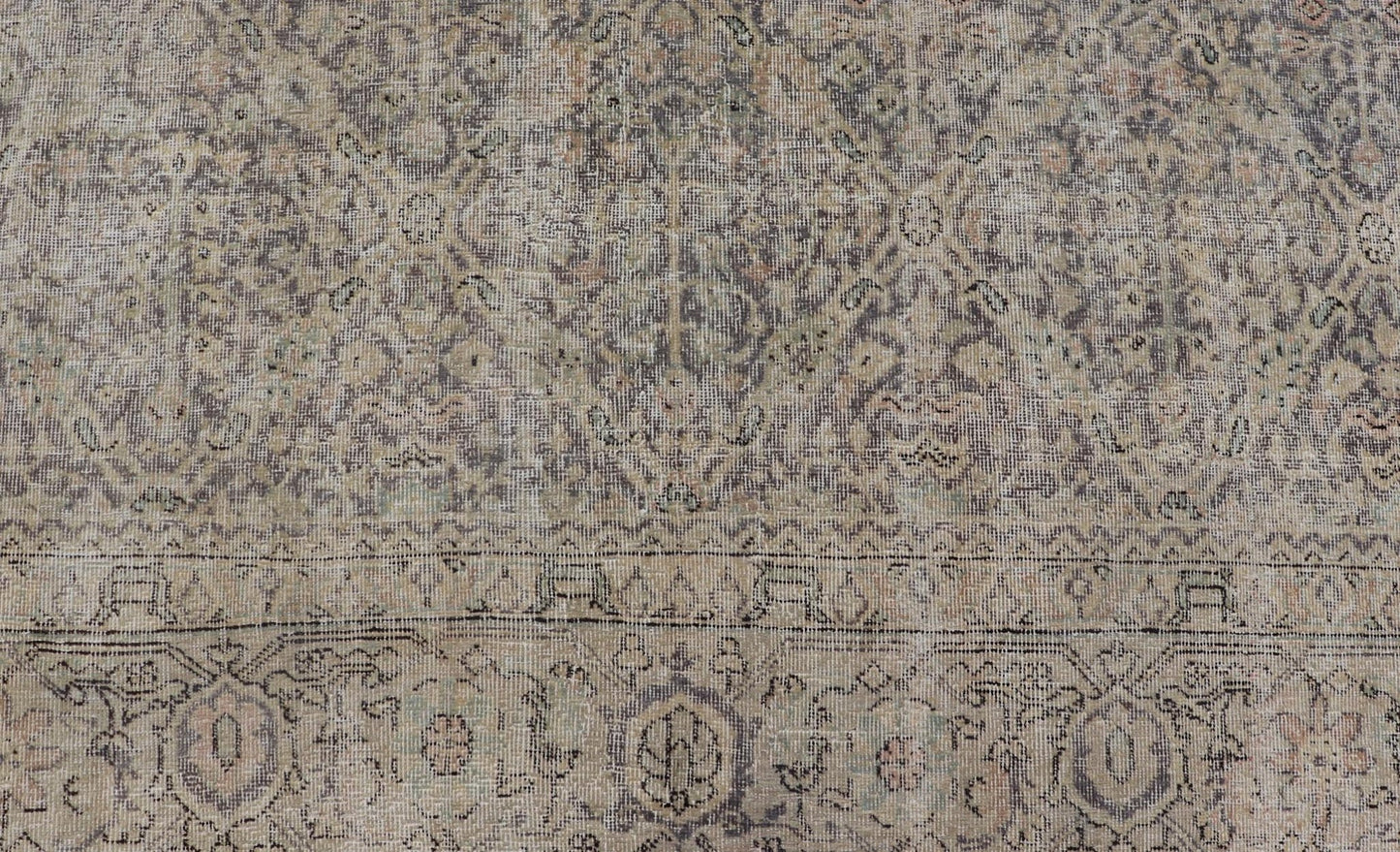 All - Over Vintage Turkish Distressed Rug in Cream, Lavender, Taupe, and Green. Keivan Woven Arts / rug EN - 15415, country of origin / type: Turkey / Oushak, circa 1950. Measures: 7'9 x 11'2 This distressed rug Turkish vintage rug bears... - Keivan Woven ArtsEN - 15415 - 23690Rug
