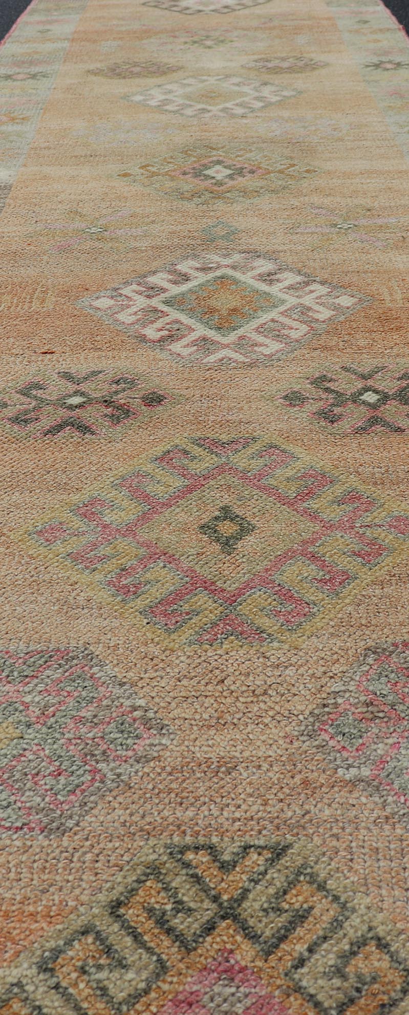 Vintage Tulu Runner in Geometric shapes and soft tones by Keivan Woven Arts Measures: 2'11 X 12'8 This Turkish Tulu runner features a series of geometric motifs and patterns by Keivan Woven Arts, rug number EN - 15519. The vintage Tulu run... - Keivan Woven ArtsEN - 15519 - 26532Rug