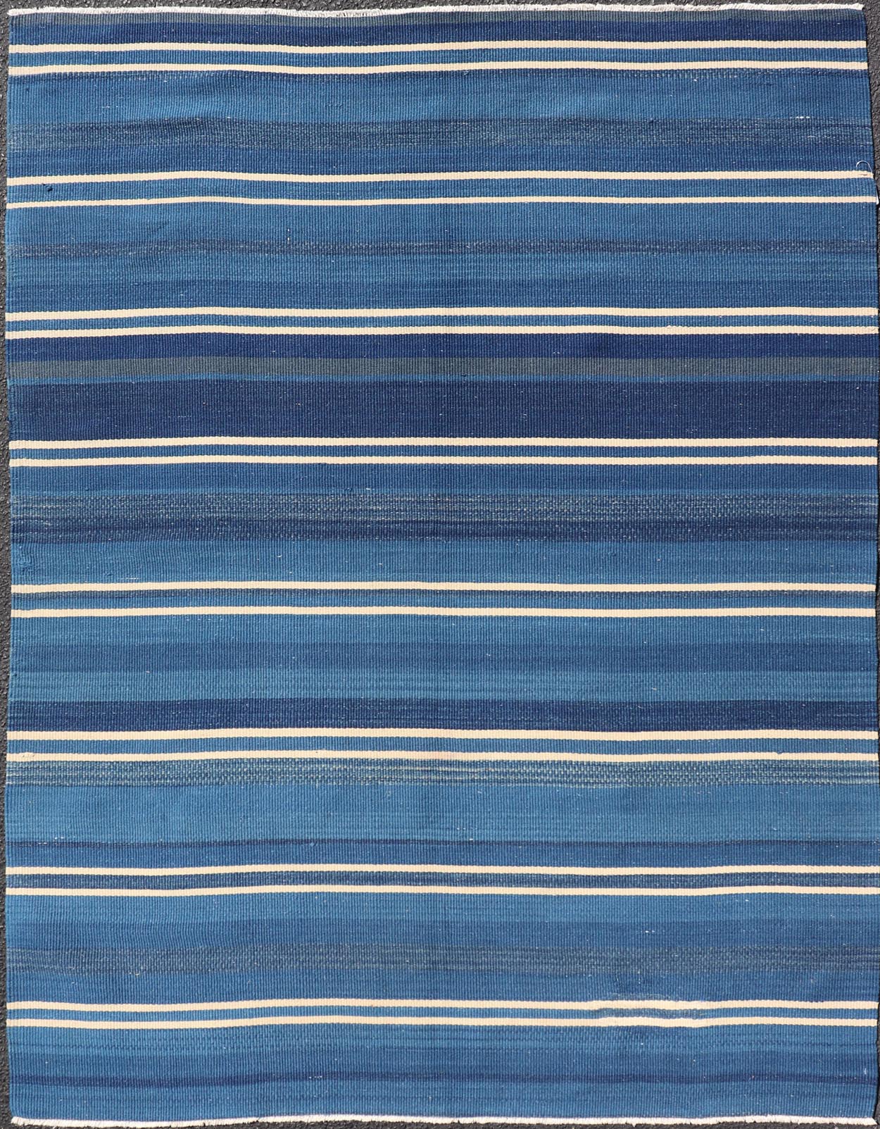 Turkish Flat - Weave Kilim in Navy Blue and Ivory In Striped Design. Keivan Woven Arts / rug EN - 15523, country of origin / type: Turkey / Kilim, circa 1950 Measures: 4'5 x 5'10 This vintage Turkish Kilim rug features a contemporary geometric strip... - Keivan Woven ArtsEN - 15523 - 23619Rug