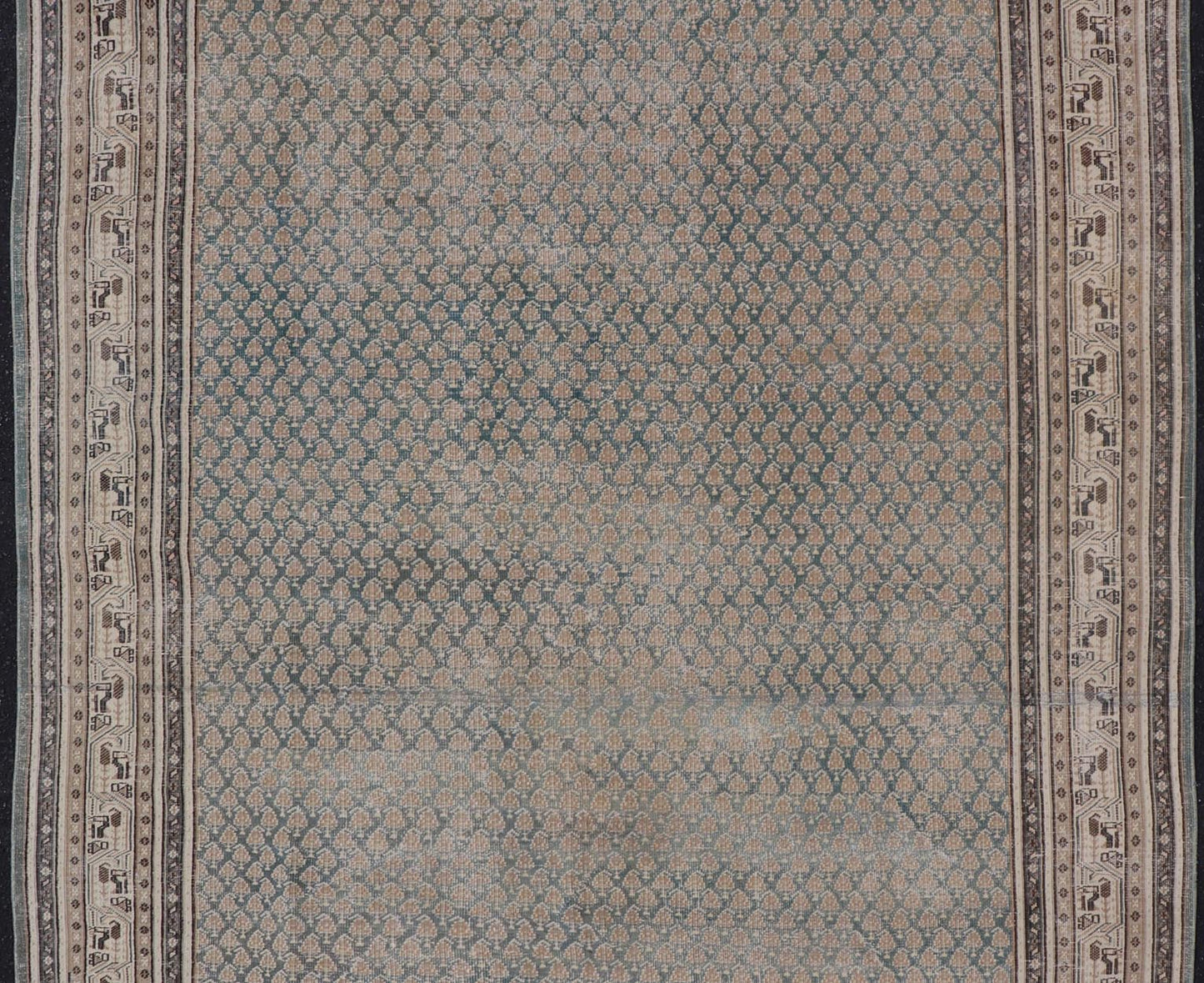 Antique Persian Tabriz Rug in Teal Blue, Salmon & Brown. Keivan Woven Arts / rug EN - 15558, country of origin / type: Persian / Tabriz, circa Early - 20th century. Measures: 6'0 x 9'2 This Tabriz rug features an intricate and detailed border... - Keivan Woven ArtsEN - 15558 - 24766