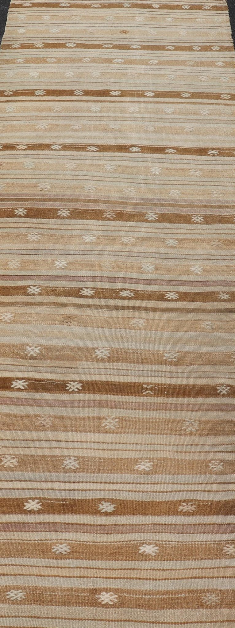 Warm Toned Vintage Turkish Kilim Runner with Beige and Brown Stripes - Keivan Woven ArtsEN - 15885Rug