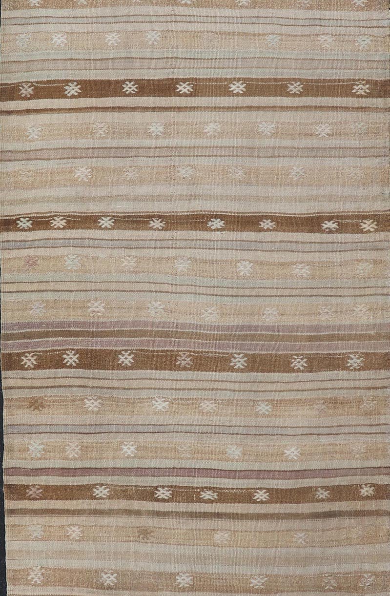 Warm Toned Vintage Turkish Kilim Runner with Beige and Brown Stripes - Keivan Woven ArtsEN - 15885Rug