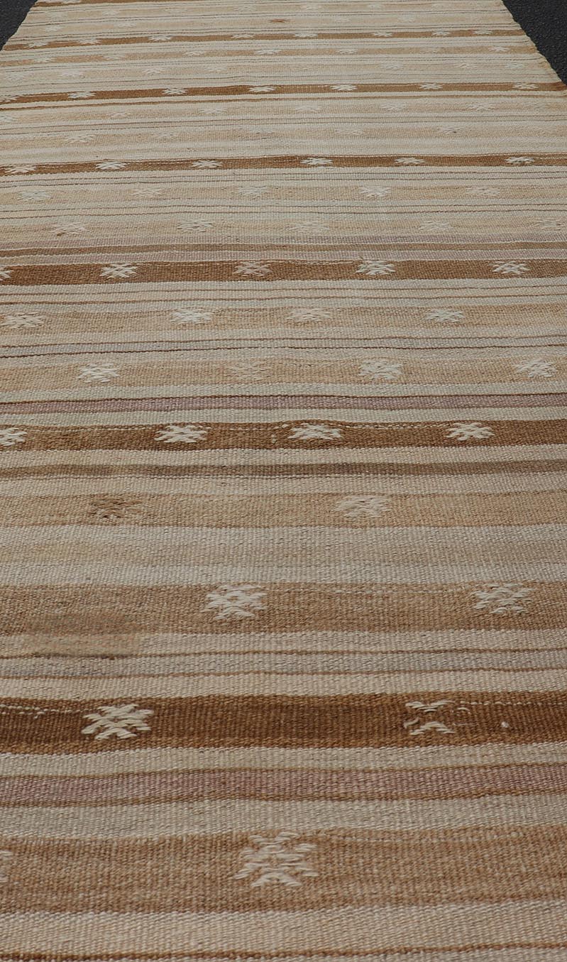 Warm Toned Vintage Turkish Kilim Runner with Beige and Brown Stripes - Keivan Woven ArtsEN - 15885Rug