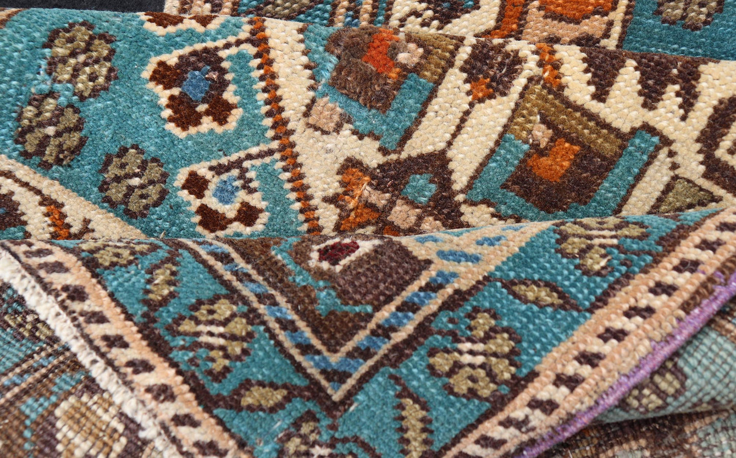 Vintage Turkish Oushak Rug in Teal Color with Geometric Medallion Design, Keivan Woven Arts / rug/ EN - 15920, country of origin / type: Turkey / Oushak, circa 1950 Measures: 1'10 x 3'6 Small Turkish small size in teal and multi colors wit... - Keivan Woven ArtsEN - 15920 - 24103Rug