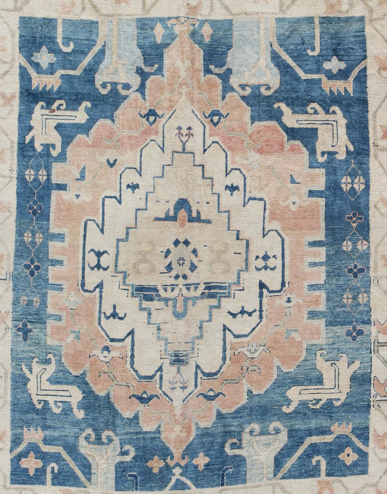 Blue and Salmon Vintage Turkish Oushak Rug with Layered Medallion and Motifs. Keivan Woven Arts / rug / EN - 165189, country of origin / type: Turkey / Oushak, Mid - 20th century. Measures: 9'11 x 11'8. This beautiful vintage rug from mid - 20th centu... - Keivan Woven ArtsEN - 165189 - 9016Rug