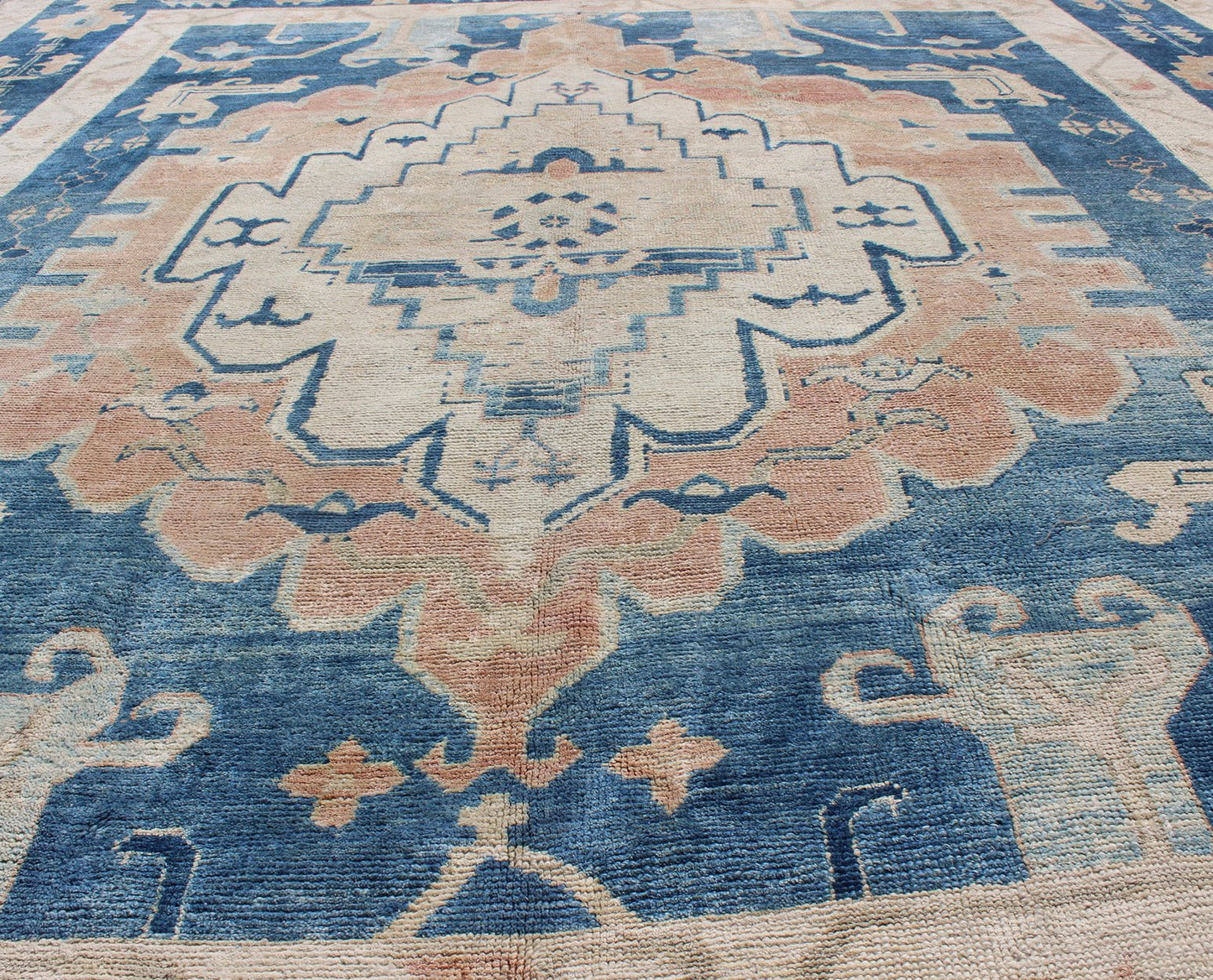 Blue and Salmon Vintage Turkish Oushak Rug with Layered Medallion and Motifs. Keivan Woven Arts / rug / EN - 165189, country of origin / type: Turkey / Oushak, Mid - 20th century. Measures: 9'11 x 11'8. This beautiful vintage rug from mid - 20th centu... - Keivan Woven ArtsEN - 165189 - 9016Rug