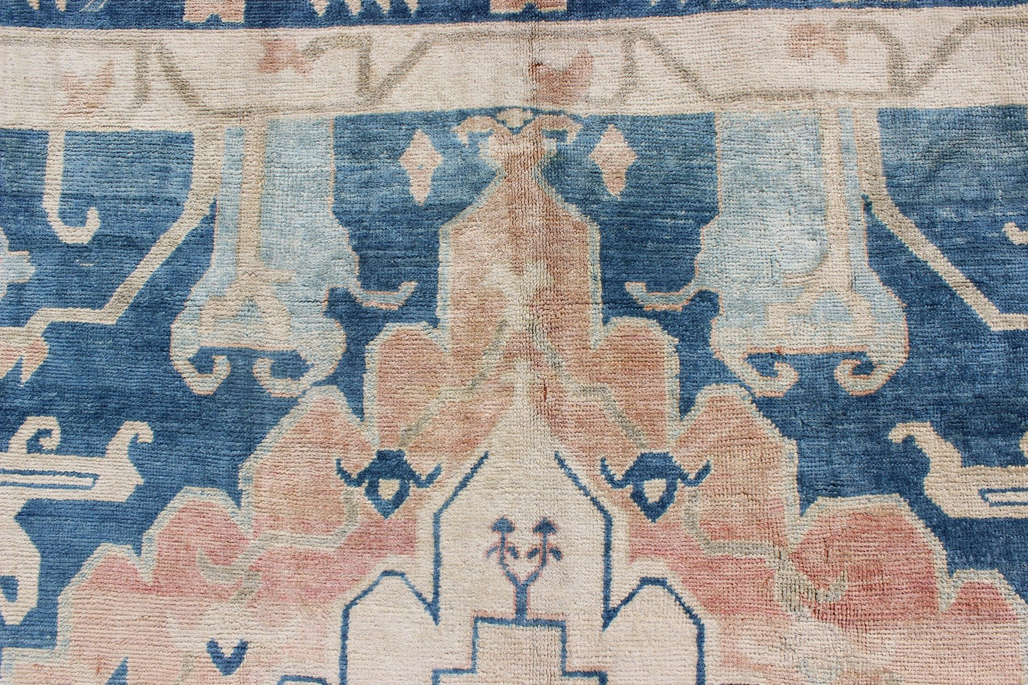 Blue and Salmon Vintage Turkish Oushak Rug with Layered Medallion and Motifs. Keivan Woven Arts / rug / EN - 165189, country of origin / type: Turkey / Oushak, Mid - 20th century. Measures: 9'11 x 11'8. This beautiful vintage rug from mid - 20th centu... - Keivan Woven ArtsEN - 165189 - 9016Rug