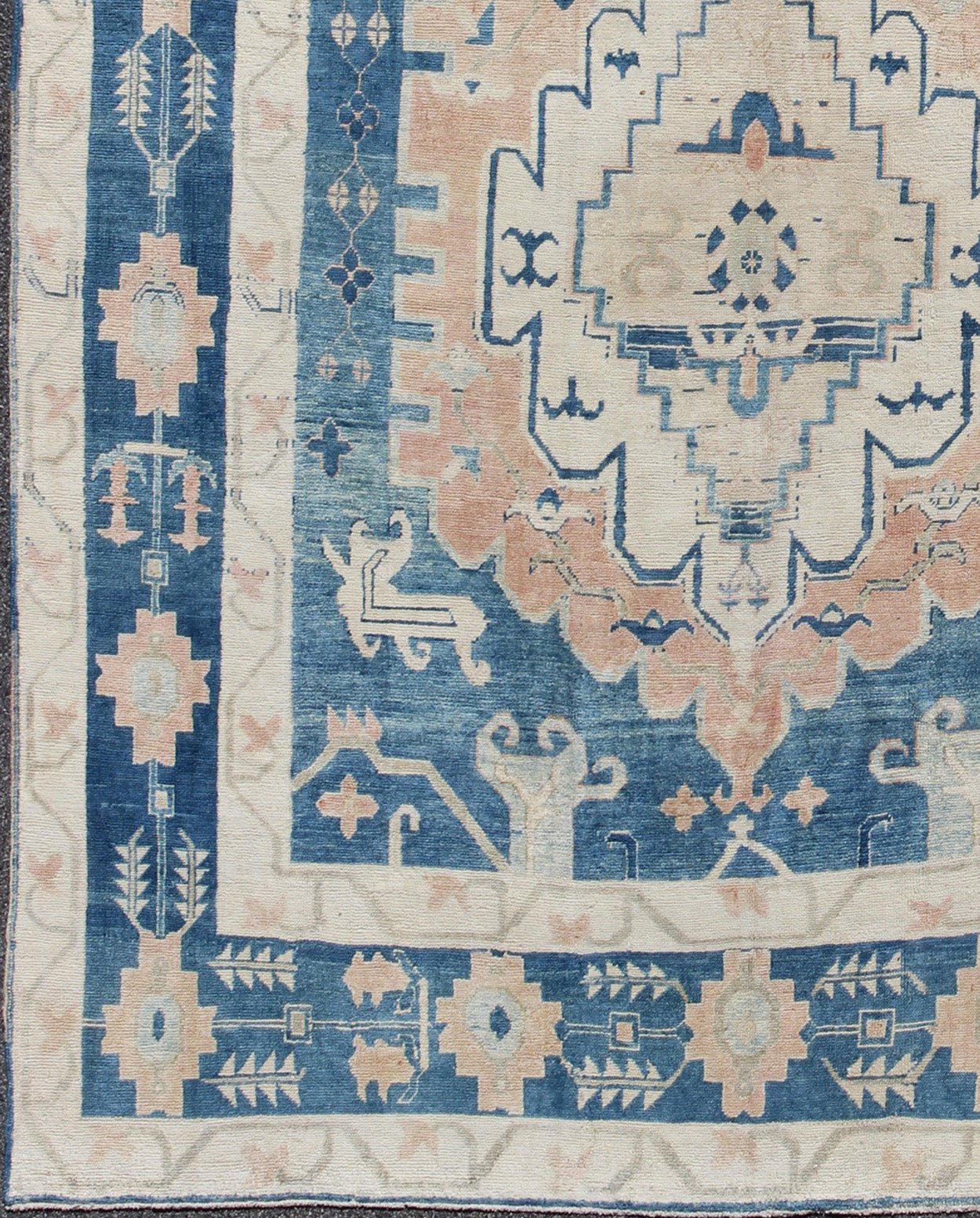 Blue and Salmon Vintage Turkish Oushak Rug with Layered Medallion and Motifs. Keivan Woven Arts / rug / EN - 165189, country of origin / type: Turkey / Oushak, Mid - 20th century. Measures: 9'11 x 11'8. This beautiful vintage rug from mid - 20th centu... - Keivan Woven ArtsEN - 165189 - 9016Rug