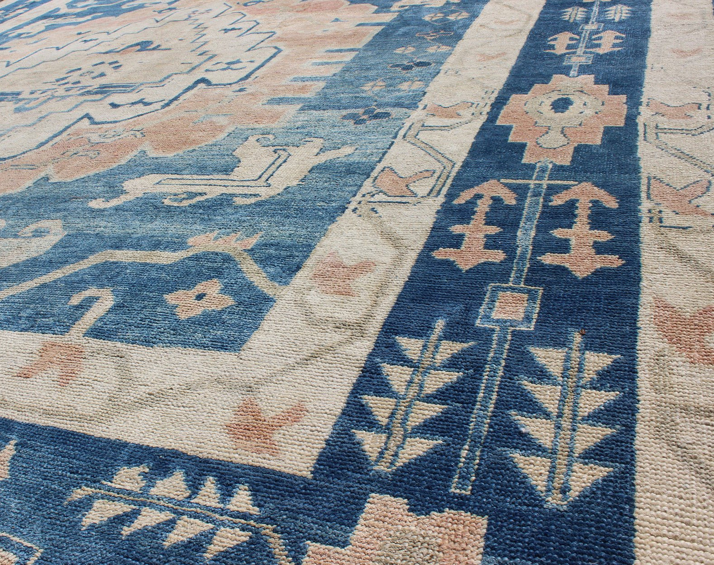 Blue and Salmon Vintage Turkish Oushak Rug with Layered Medallion and Motifs. Keivan Woven Arts / rug / EN - 165189, country of origin / type: Turkey / Oushak, Mid - 20th century. Measures: 9'11 x 11'8. This beautiful vintage rug from mid - 20th centu... - Keivan Woven ArtsEN - 165189 - 9016Rug