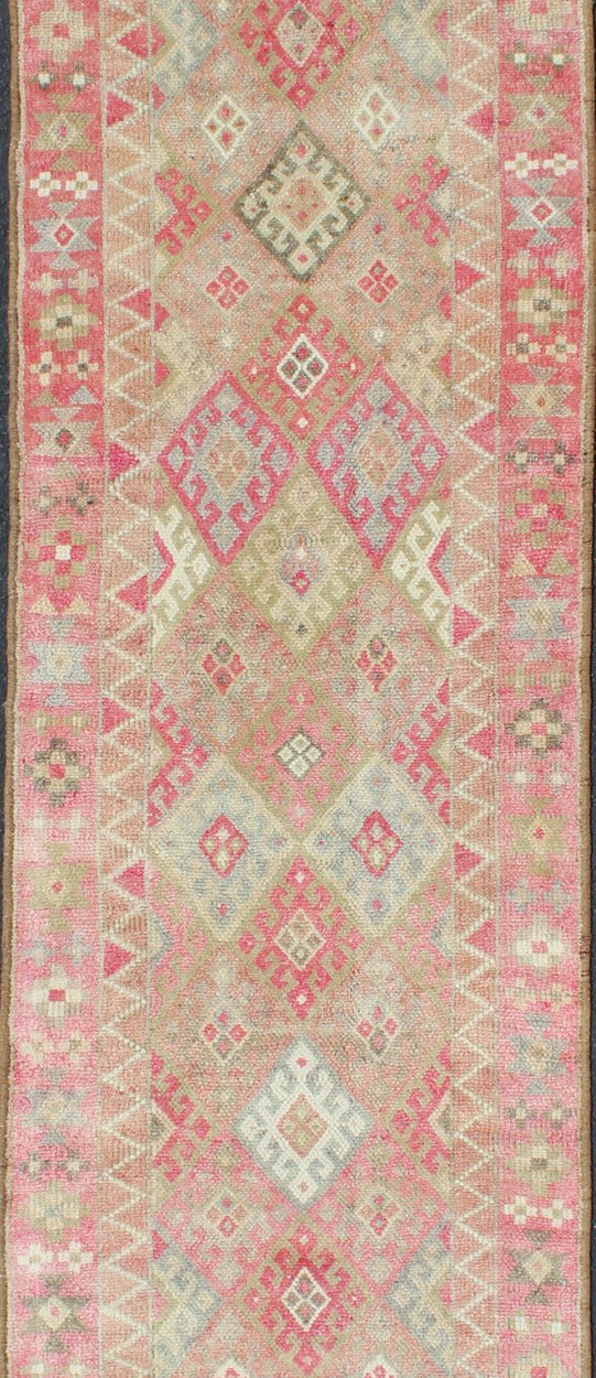 Geometric Kurdish Design Vintage Runner from Turkey in Pink, Red & Green Colors. Unique Runner in Light Green, pink red colored Turkish runner in Kurdish design, rug en - 165332, country of origin / type: Turkey / Turkish. This runner from... - Keivan Woven ArtsEN - 165332 - 11365Rug