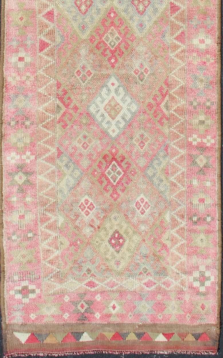 Geometric Kurdish Design Vintage Runner from Turkey in Pink, Red & Green Colors. Unique Runner in Light Green, pink red colored Turkish runner in Kurdish design, rug en - 165332, country of origin / type: Turkey / Turkish. This runner from... - Keivan Woven ArtsEN - 165332 - 11365Rug