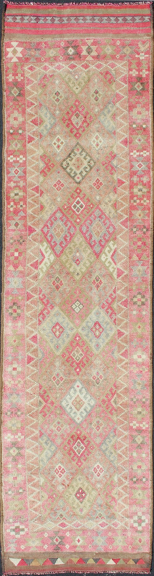 Geometric Kurdish Design Vintage Runner from Turkey in Pink, Red & Green Colors. Unique Runner in Light Green, pink red colored Turkish runner in Kurdish design, rug en - 165332, country of origin / type: Turkey / Turkish. This runner from... - Keivan Woven ArtsEN - 165332 - 11365Rug