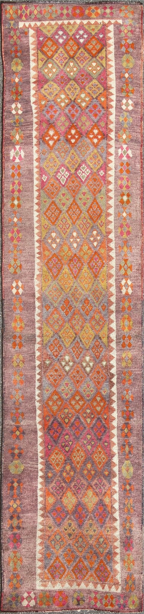 Colorful vintage Turkish oushak runner with repeating diamond geometric design, rug en - 165369, country of origin / type: Turkey / Oushak, circa 1950 This vintage Oushak runner (circa mid - 20th century) features a unique blend of colors and an int... - Keivan Woven ArtsEN - 165369 - 9022Rug