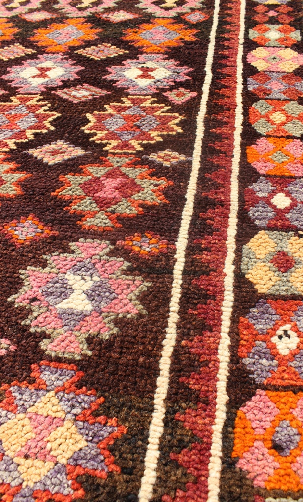 Black and Brown Background Colorful Vintage Turkish Runner with Geometric Design, rug en - 165383, country of origin / type: Turkey / Oushak, circa 1950 This vintage Turkish runner (circa mid - 20th century) features a unique blend of colors and an ... - Keivan Woven ArtsEN - 165383 - 9026Rug