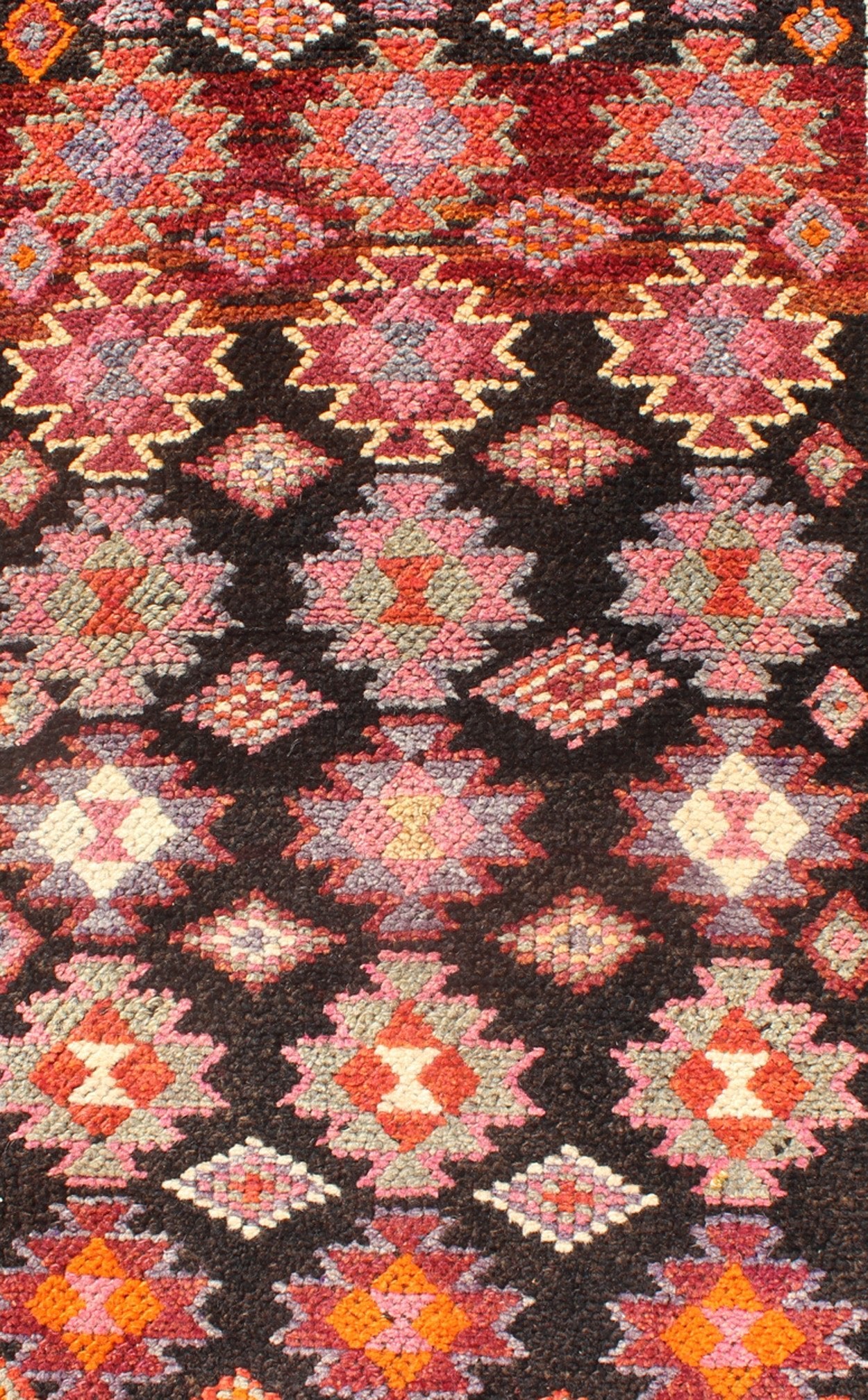 Black and Brown Background Colorful Vintage Turkish Runner with Geometric Design, rug en - 165383, country of origin / type: Turkey / Oushak, circa 1950 This vintage Turkish runner (circa mid - 20th century) features a unique blend of colors and an ... - Keivan Woven ArtsEN - 165383 - 9026Rug
