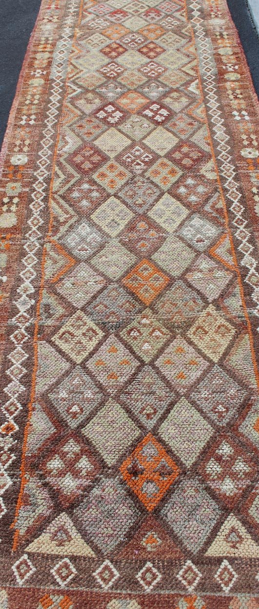 Vintage Turkish runner, from Kurdish part of Turkey with geometric diamond design in red, maroon, orange, and gray, rug en - 165561, country of origin / type: Turkey / Oushak, circa 1950. This beautiful vintage Oushak runner from 1950s Turkey feat... - Keivan Woven ArtsEN - 165561 - 11193Rug