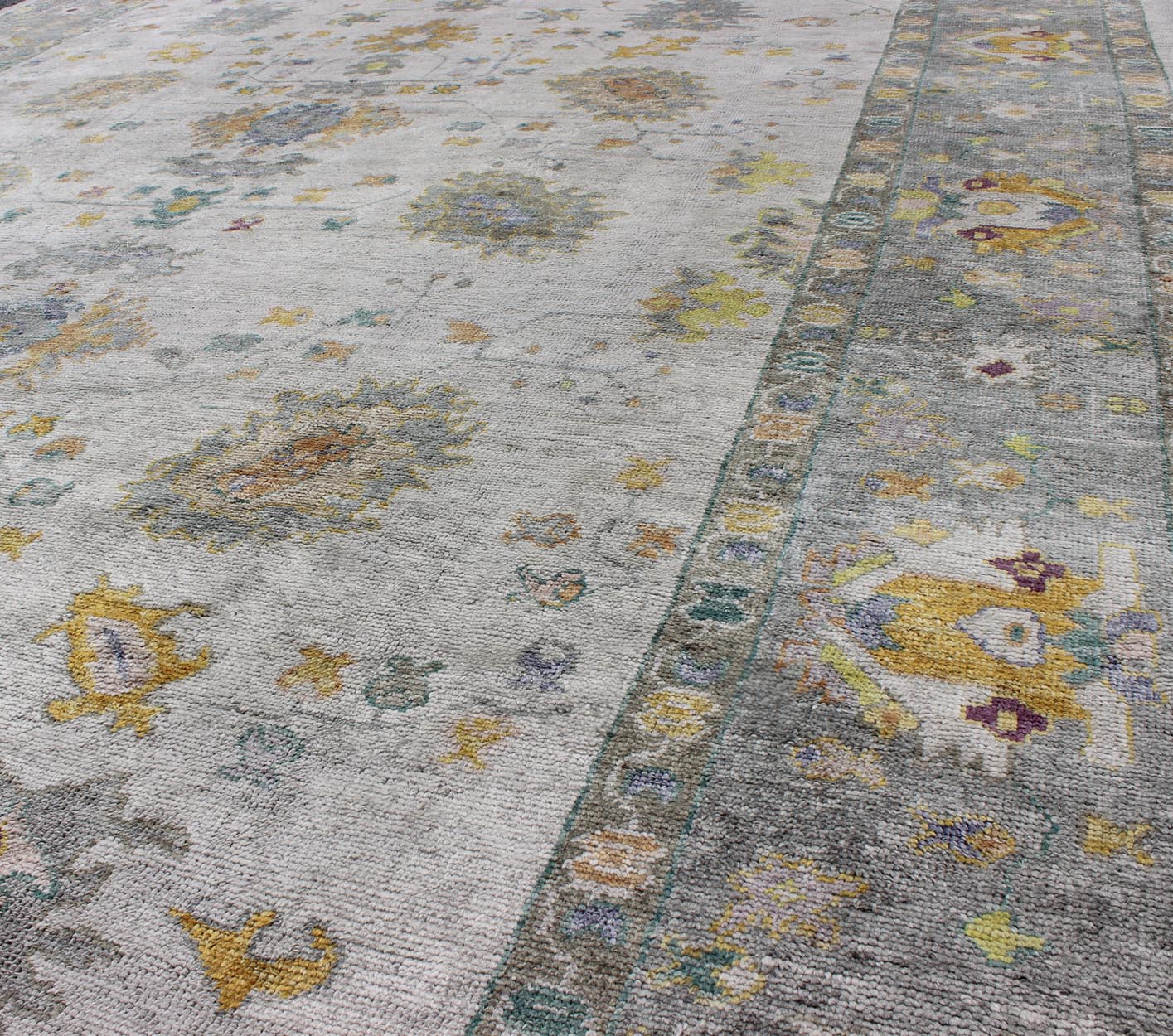 Keivan Woven Arts Turkish Oushak Rug With Hand Spun Wool in Gray Border, Ivory, Yellow Turkish Oushak Rug with Neutral Color Palette and All - Over Flower Design Measures: 10'2 x 14' Turkish Oushak Rug with Neutral Color Palette and Al... - Keivan Woven ArtsEN - 165632 - 9452Rug