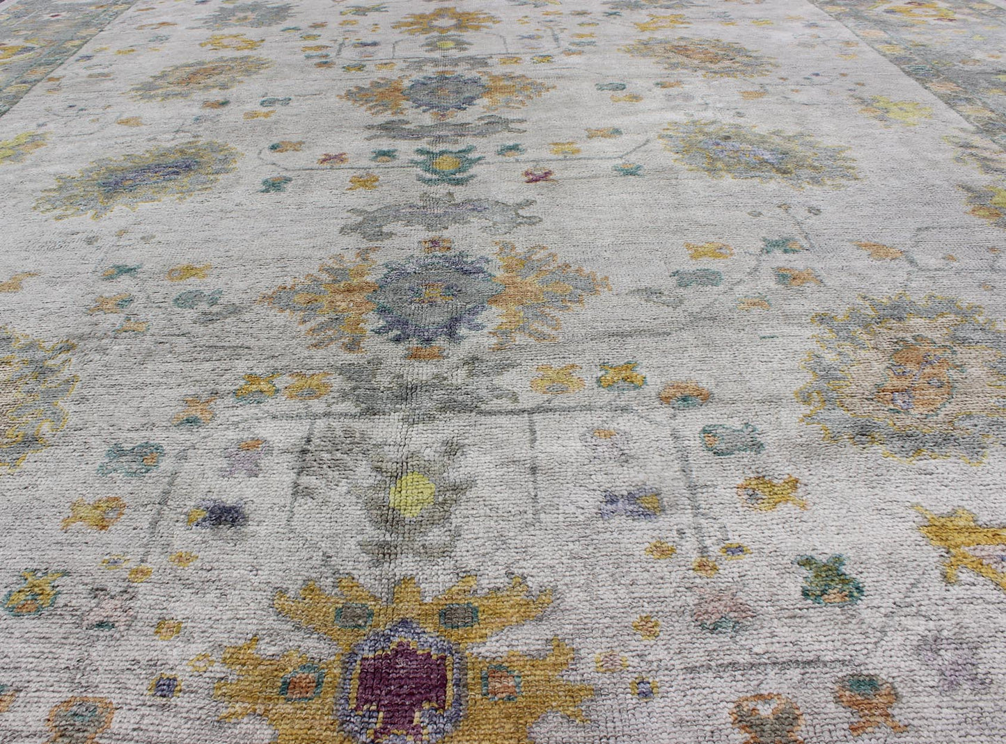 Keivan Woven Arts Turkish Oushak Rug With Hand Spun Wool in Gray Border, Ivory, Yellow Turkish Oushak Rug with Neutral Color Palette and All - Over Flower Design Measures: 10'2 x 14' Turkish Oushak Rug with Neutral Color Palette and Al... - Keivan Woven ArtsEN - 165632 - 9452Rug
