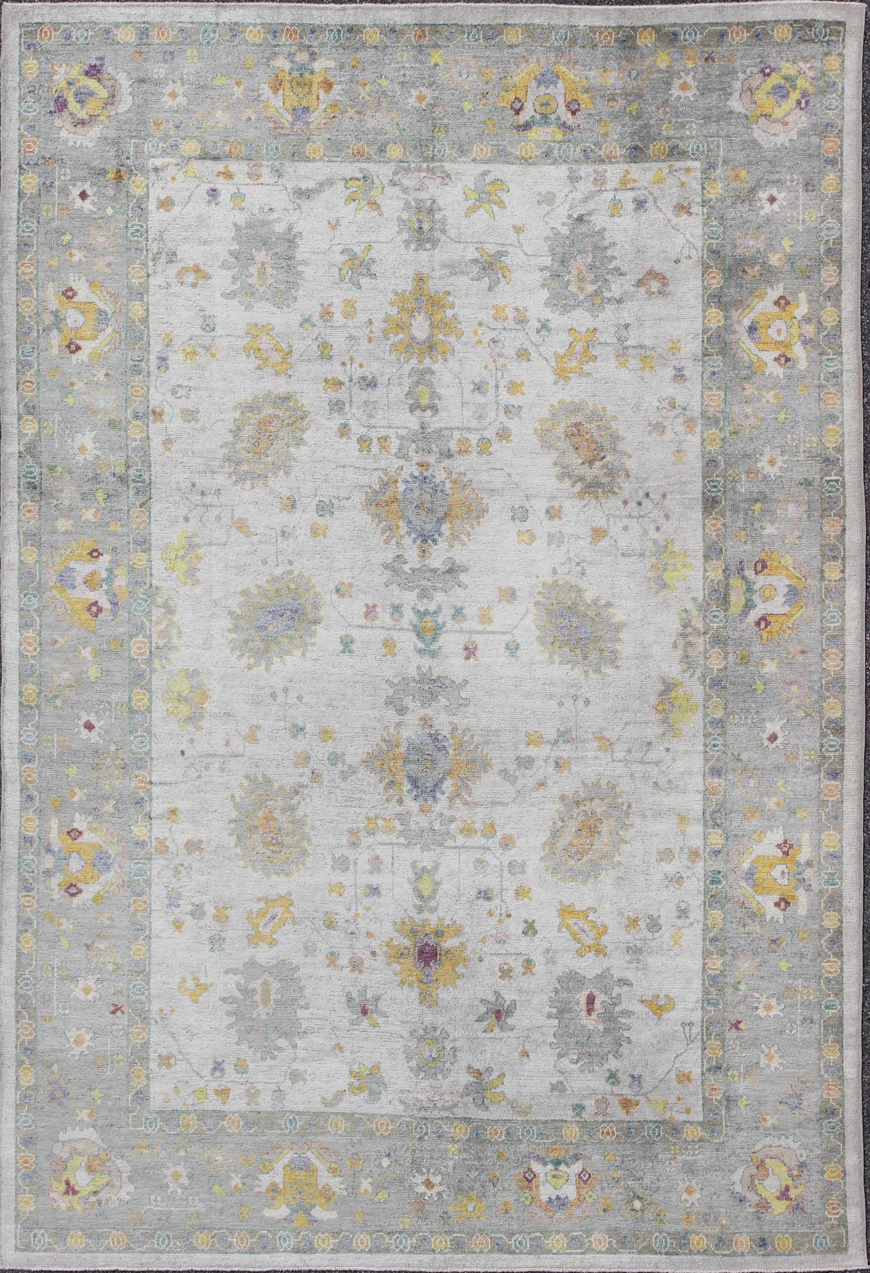 Keivan Woven Arts Turkish Oushak Rug With Hand Spun Wool in Gray Border, Ivory, Yellow Turkish Oushak Rug with Neutral Color Palette and All - Over Flower Design Measures: 10'2 x 14' Turkish Oushak Rug with Neutral Color Palette and Al... - Keivan Woven ArtsEN - 165632 - 9452Rug