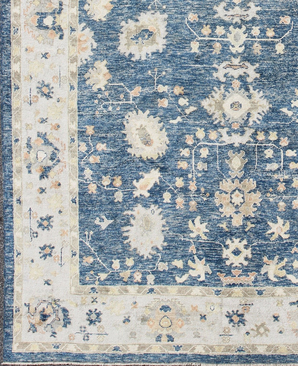 Turkish Oushak Rug in Blue Background, Neutral Colors and All - Over Design kwarugs Turkish Oushak rug in blue background with neutral color palette and all - over flower design, rug en - 165651, country of origin / type: Turkey / Oushak This t... - Keivan Woven ArtsEN - 165651 - 9050Rug