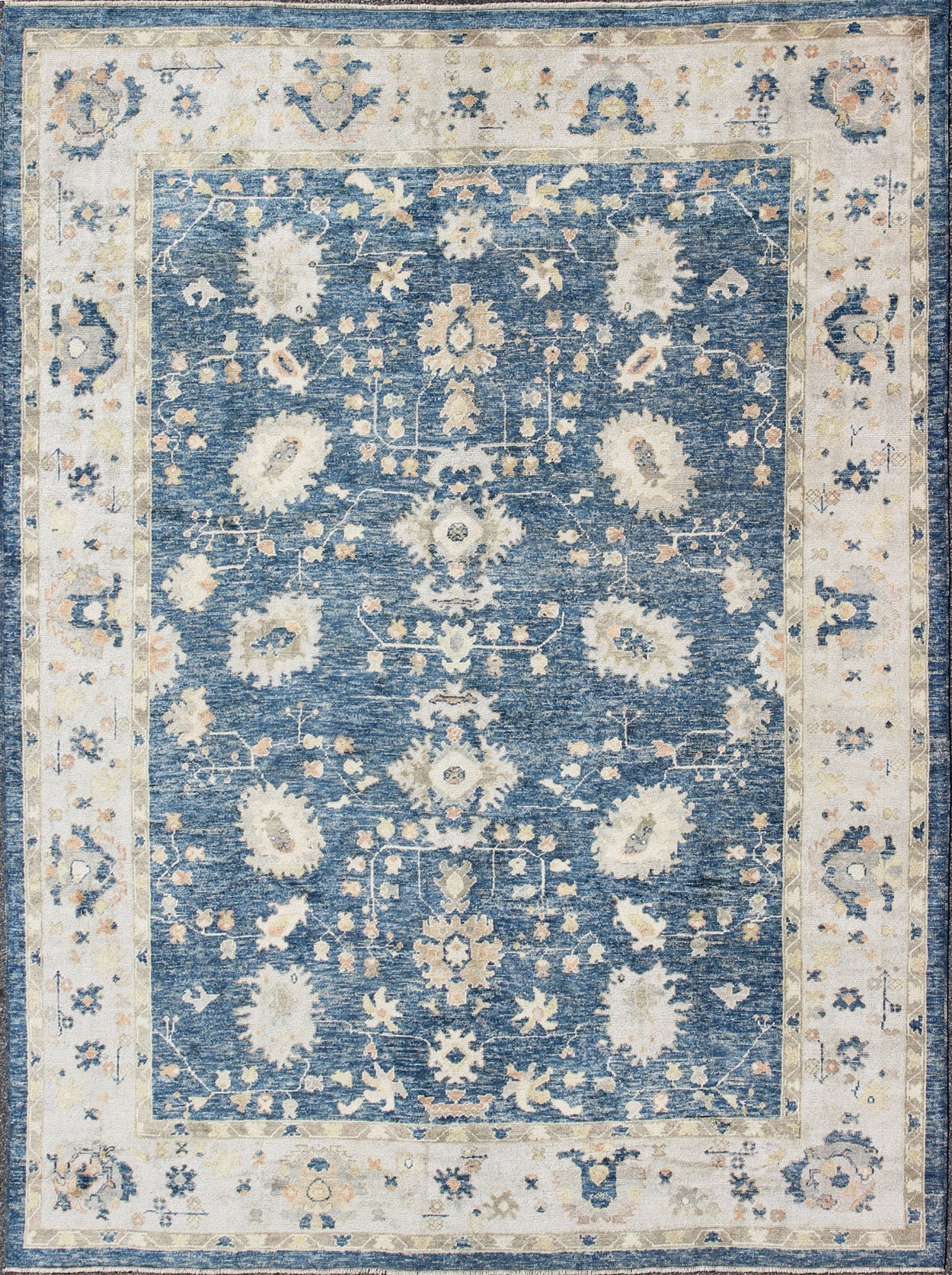 Turkish Oushak Rug in Blue Background, Neutral Colors and All - Over Design kwarugs Turkish Oushak rug in blue background with neutral color palette and all - over flower design, rug en - 165651, country of origin / type: Turkey / Oushak This t... - Keivan Woven ArtsEN - 165651 - 9050Rug