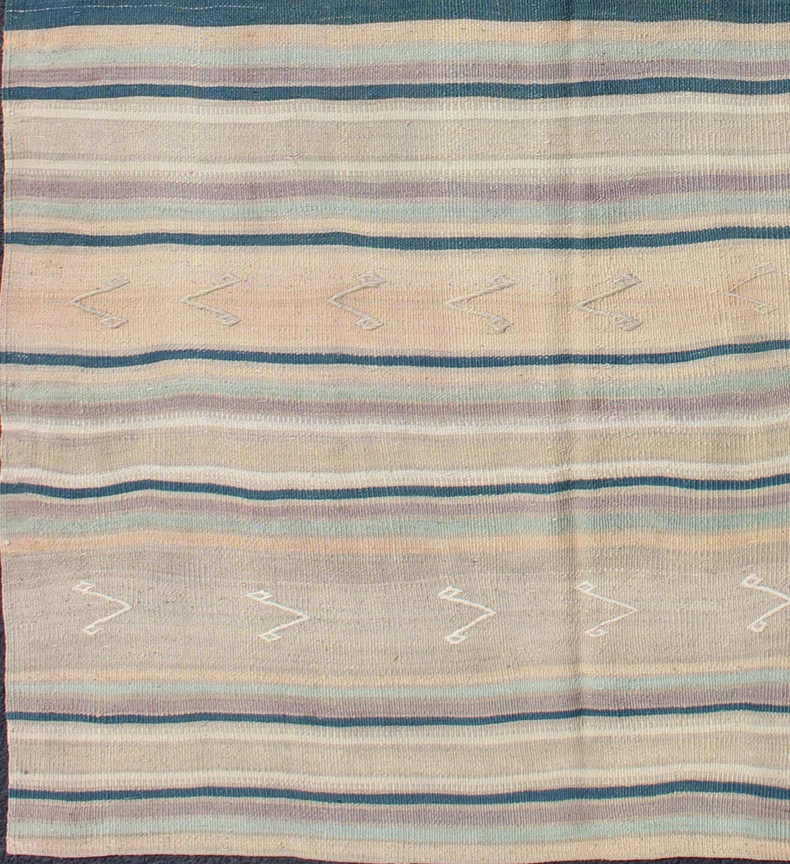 Turkish Flat Weave Kilim with Striped Design and Tribal Motifs Flat - woven Kilim runner in pink, light blue, ivory, and blue, rug EN - 165691, country of origin / type: Turkey / Kilim, circa 1950 This Turkish Kilim flat - woven is perfectly su... - Keivan Woven ArtsEN - 165691 - 10468Rug