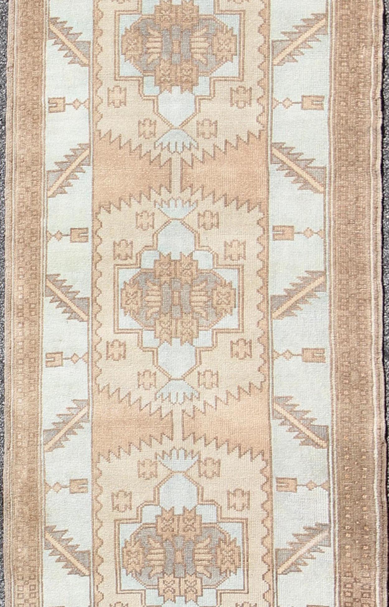 Vintage Oushak Turkish Runner with Geometric Design in Ice Blue, Brown and Taupe vintage Turkish runner with geometric design in ice blue and taupe Vintage Oushak runner from Turkey with Medallion design in various color tones, Keivan Woven A... - Keivan Woven ArtsEN - 165724 - 9384Rug