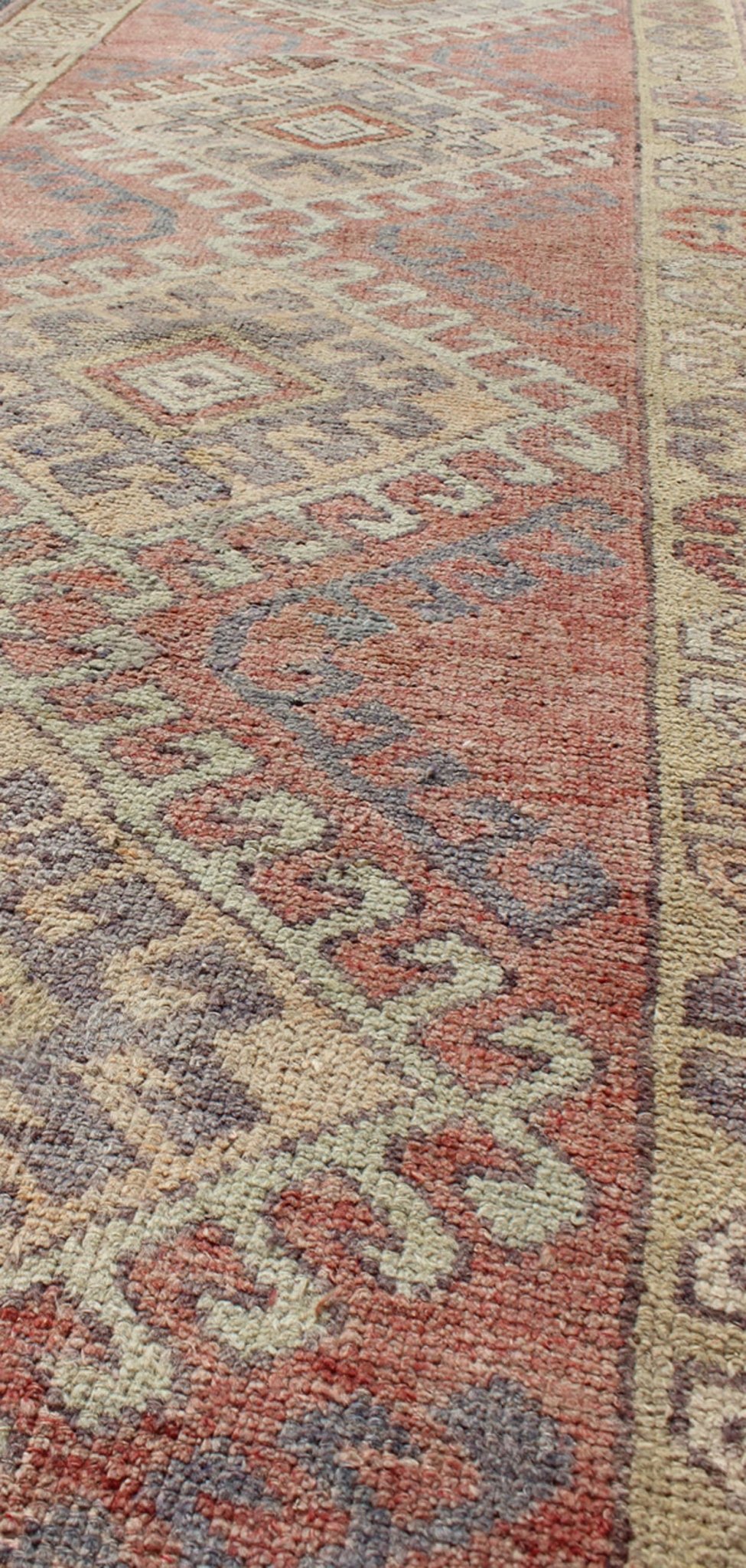 Vintage Turkish Oushak Runner With Latch Hook Medallions in Soft Muted Colors Multi - toned Turkish vintage Medallion Oushak runner carpet. Keivan Woven Arts / rug en - 165756, country of origin / type: Turkey / Oushak, circa 1940 This Oushak... - Keivan Woven ArtsEN - 165756 - 9492Rug