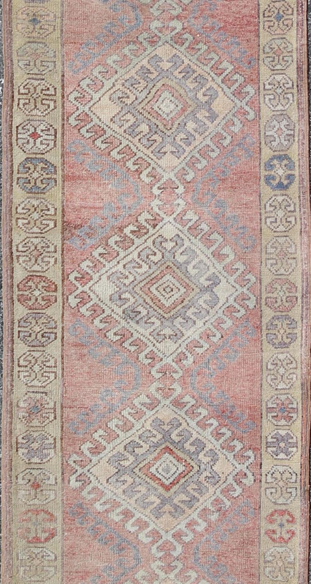 Vintage Turkish Oushak Runner With Latch Hook Medallions in Soft Muted Colors Multi - toned Turkish vintage Medallion Oushak runner carpet. Keivan Woven Arts / rug en - 165756, country of origin / type: Turkey / Oushak, circa 1940 This Oushak... - Keivan Woven ArtsEN - 165756 - 9492Rug