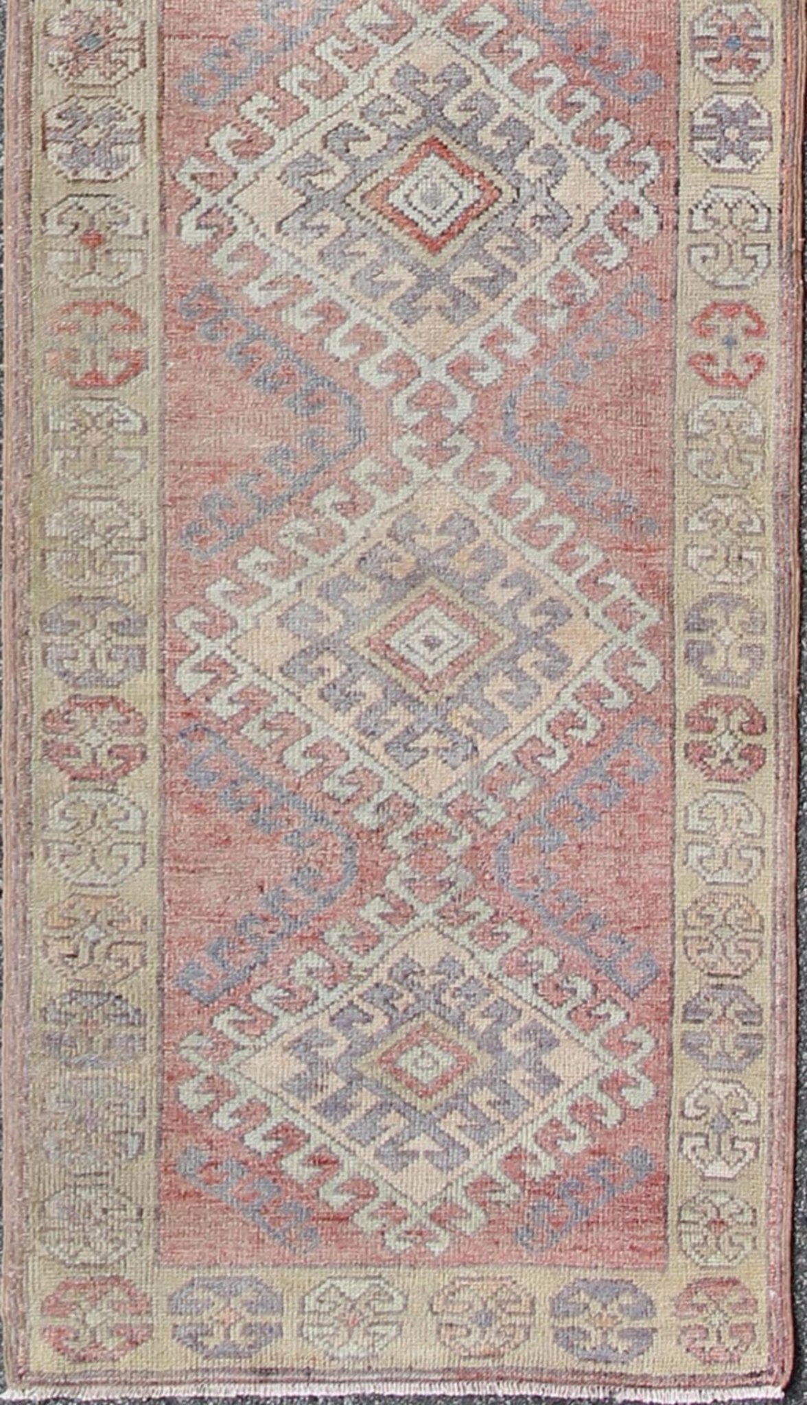 Vintage Turkish Oushak Runner With Latch Hook Medallions in Soft Muted Colors Multi - toned Turkish vintage Medallion Oushak runner carpet. Keivan Woven Arts / rug en - 165756, country of origin / type: Turkey / Oushak, circa 1940 This Oushak... - Keivan Woven ArtsEN - 165756 - 9492Rug