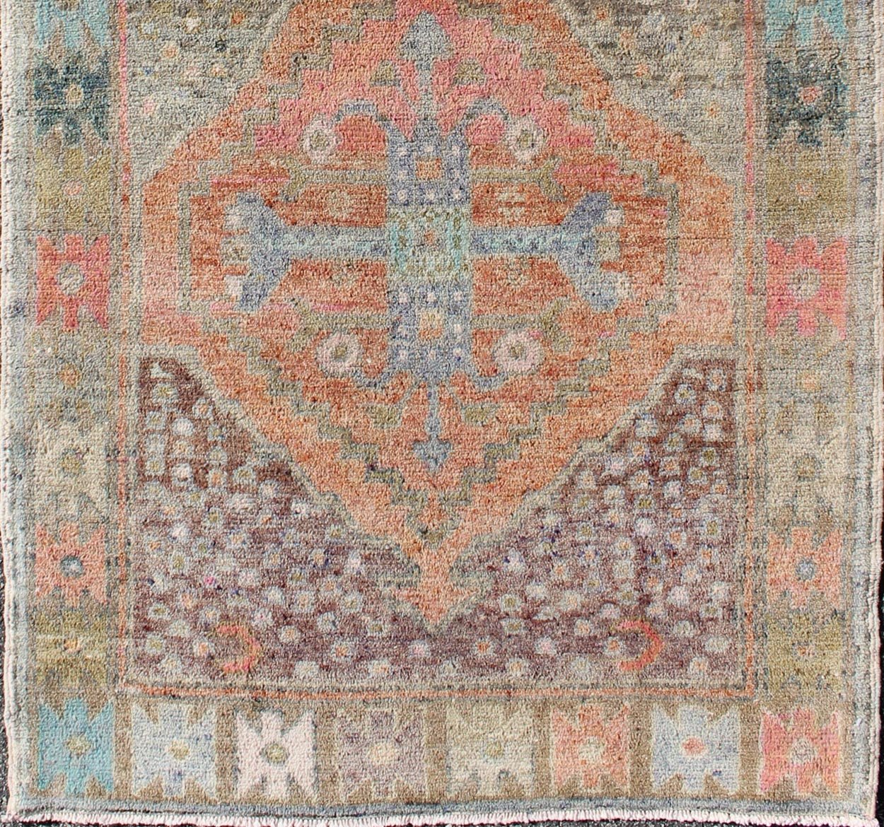 Antique Turkish Oushak Runner in Coral, Blue, Brown, Yellow Green & Rust Red Amazingly Beautiful antique Oushak runner with Geometric Medallion Design, rug EN - 165772 , country of origin / type: Turkey / Oushak, circa 1930 The painting li... - Keivan Woven ArtsEN - 165772 - 9496Rug