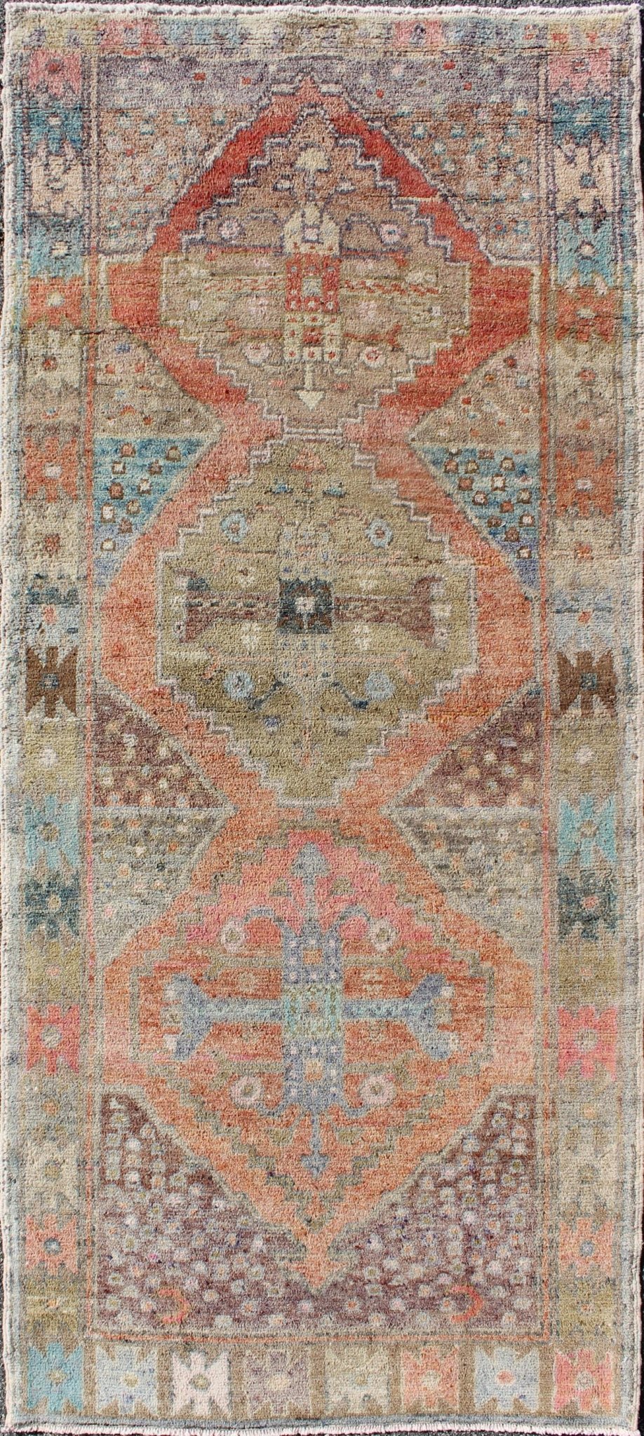 Antique Turkish Oushak Runner in Coral, Blue, Brown, Yellow Green & Rust Red Amazingly Beautiful antique Oushak runner with Geometric Medallion Design, rug EN - 165772 , country of origin / type: Turkey / Oushak, circa 1930 The painting li... - Keivan Woven ArtsEN - 165772 - 9496Rug