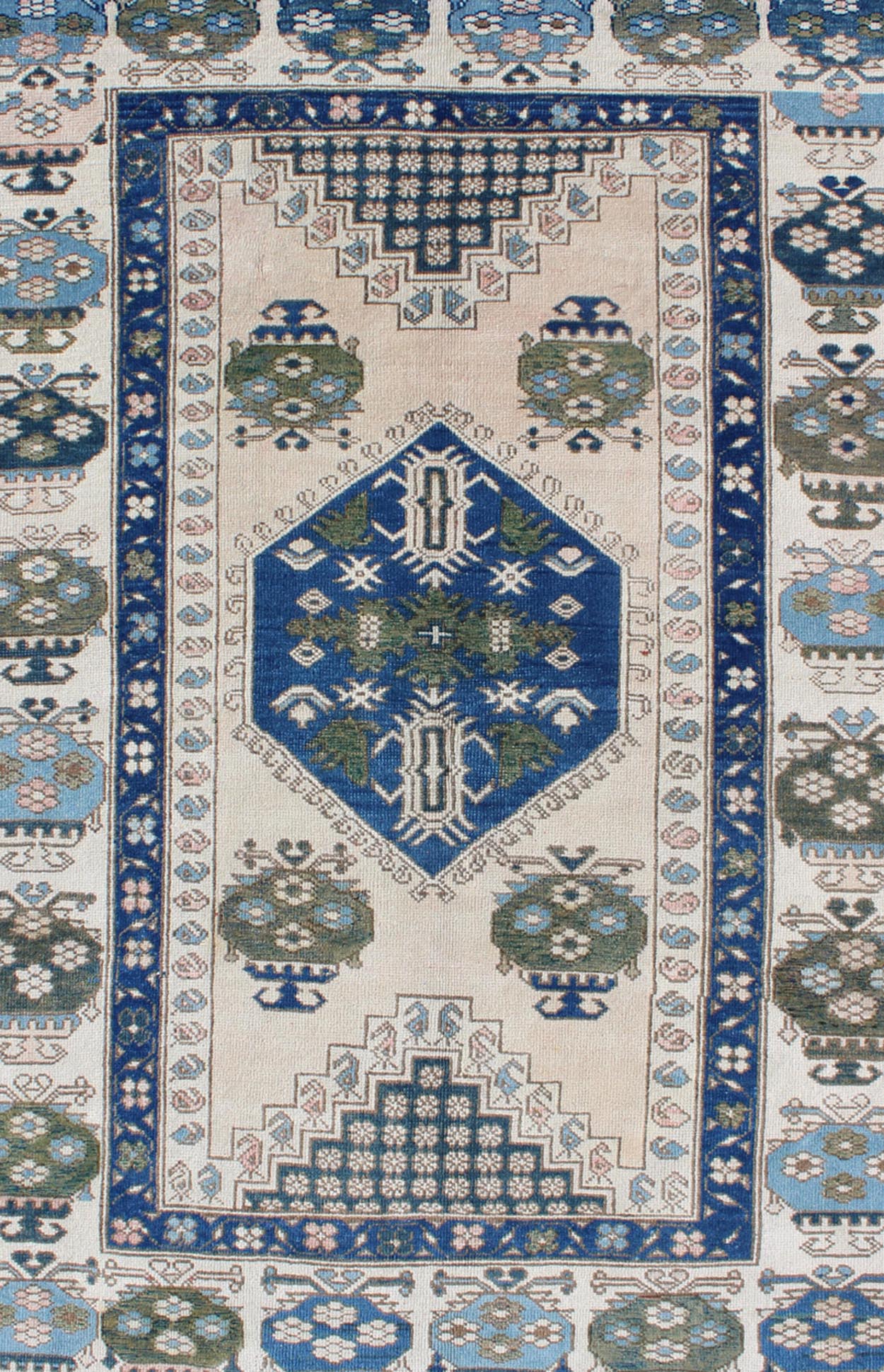 Blue and Green Geometric Oushak Vintage Rug with Medallion. Vintage Oushak carpet in geometric design with variety of blue colors, green, taupe, tan and ivory. rug/EN - 165827, country of origin / type: Turkey / Oushak, circa 1950 This ... - Keivan Woven ArtsEN - 165827 - 9500Rug