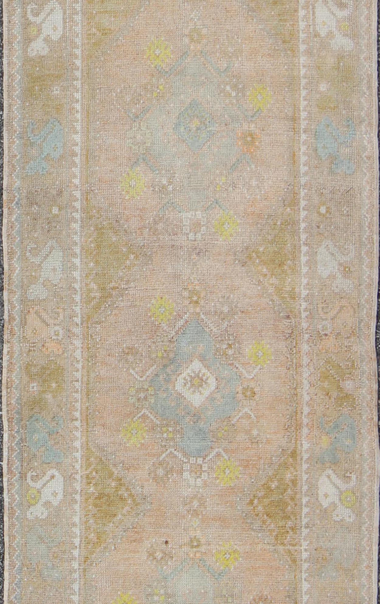 Soft Colors Vintage Turkish Oushak Runner, Vintage Turkish Runner with Four Medallion Design Watercolor Turkish Oushak Runner, rug EN - 165867, country of origin / type: Turkey / Oushak, circa 1940 This vintage Turkish Oushak runner feature... - Keivan Woven ArtsEN - 165867 - 9512Rug