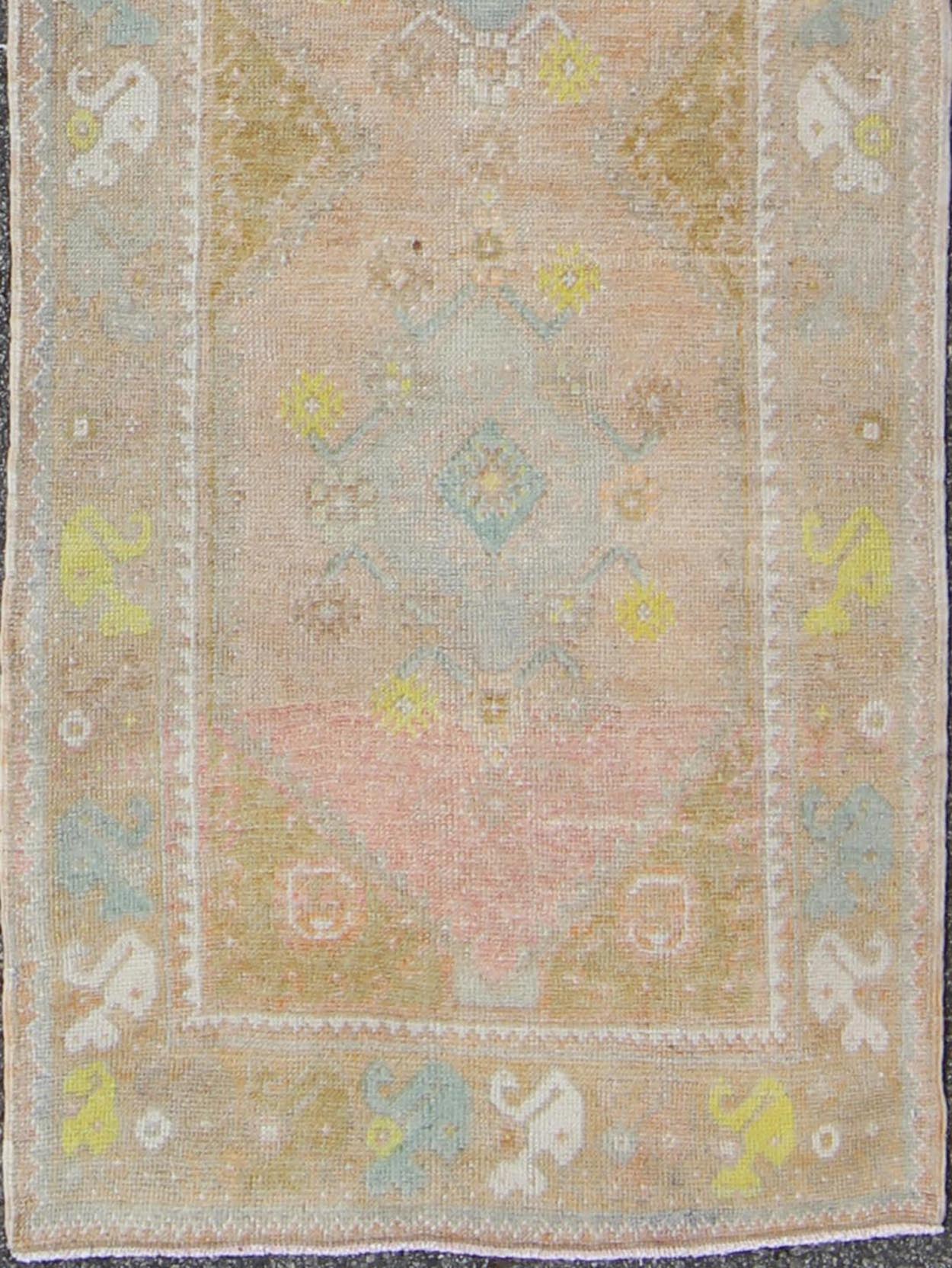 Soft Colors Vintage Turkish Oushak Runner, Vintage Turkish Runner with Four Medallion Design Watercolor Turkish Oushak Runner, rug EN - 165867, country of origin / type: Turkey / Oushak, circa 1940 This vintage Turkish Oushak runner feature... - Keivan Woven ArtsEN - 165867 - 9512Rug