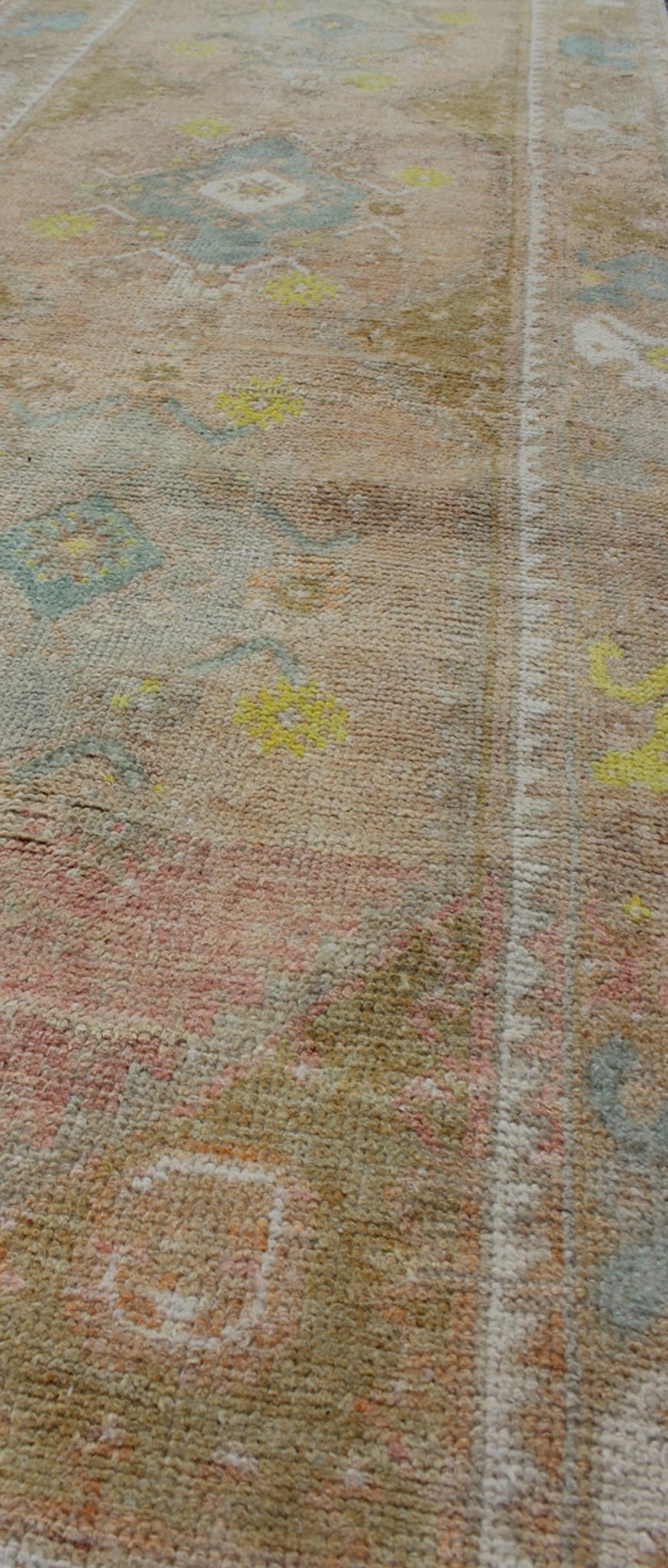 Soft Colors Vintage Turkish Oushak Runner, Vintage Turkish Runner with Four Medallion Design Watercolor Turkish Oushak Runner, rug EN - 165867, country of origin / type: Turkey / Oushak, circa 1940 This vintage Turkish Oushak runner feature... - Keivan Woven ArtsEN - 165867 - 9512Rug