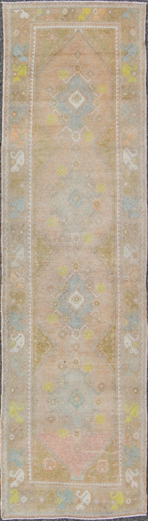 Soft Colors Vintage Turkish Oushak Runner, Vintage Turkish Runner with Four Medallion Design Watercolor Turkish Oushak Runner, rug EN - 165867, country of origin / type: Turkey / Oushak, circa 1940 This vintage Turkish Oushak runner feature... - Keivan Woven ArtsEN - 165867 - 9512Rug