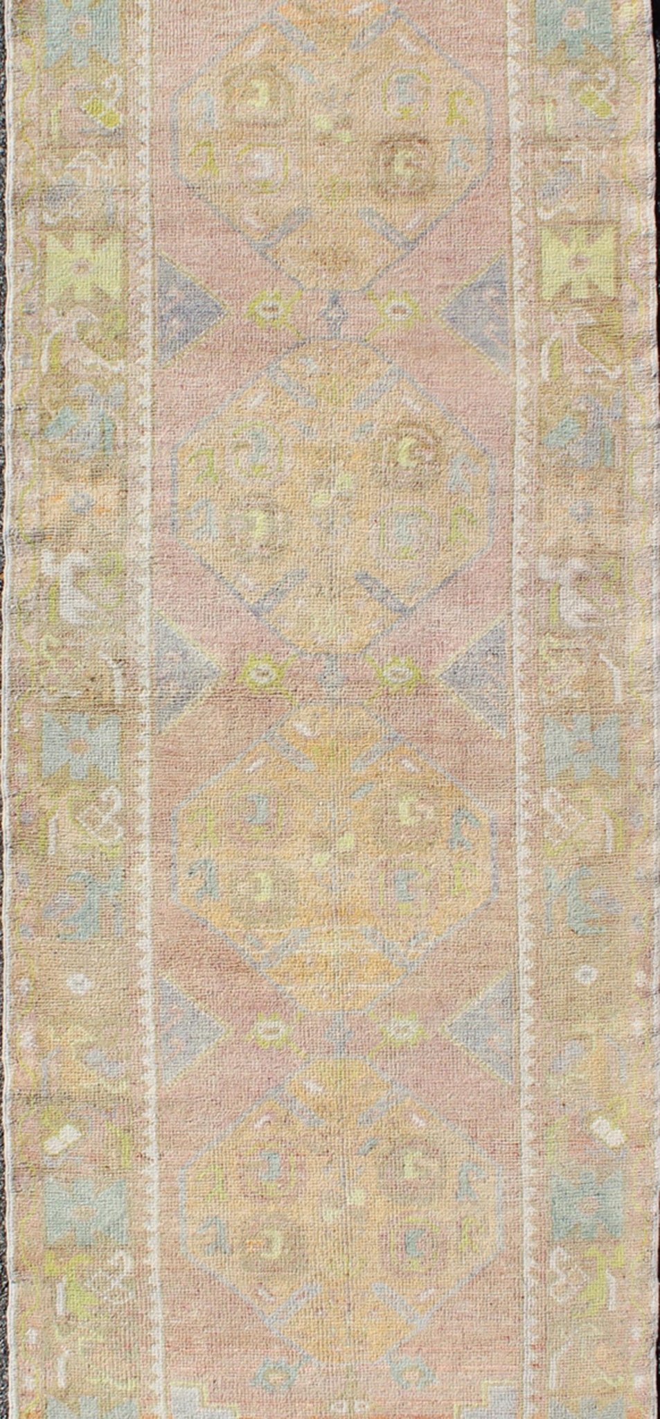 Vintage Turkish Oushak Runner With Geometric Medallions in Light Blue and Yellow Light Blue, Yellow, light Brown, light gray blue, light green and multi colors vintage Turkish Oushak runner with Geometric medallions, Keivan Woven Arts / rug EN - ... - Keivan Woven ArtsEN - 165869 - 9516Rug