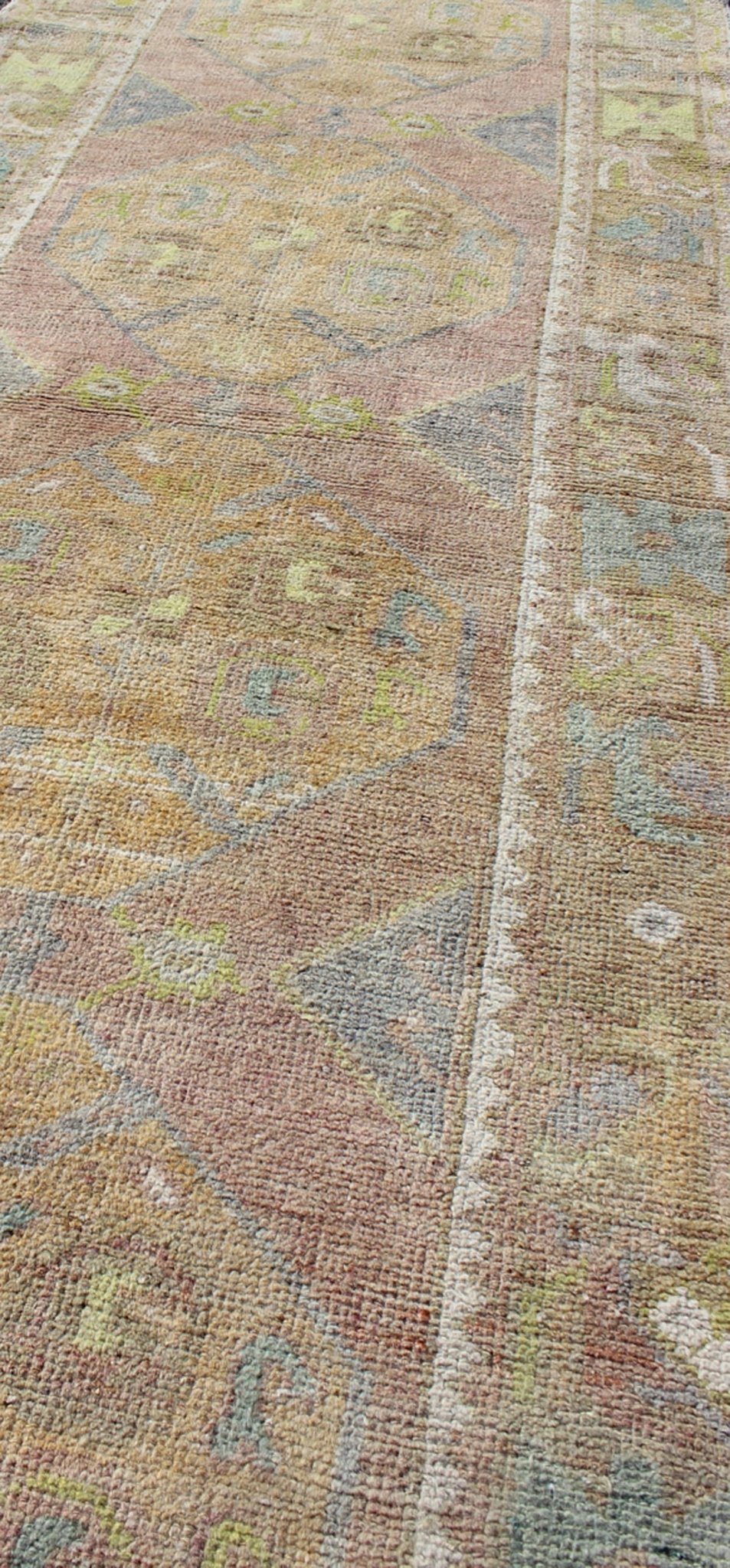 Vintage Turkish Oushak Runner With Geometric Medallions in Light Blue and Yellow Light Blue, Yellow, light Brown, light gray blue, light green and multi colors vintage Turkish Oushak runner with Geometric medallions, Keivan Woven Arts / rug EN - ... - Keivan Woven ArtsEN - 165869 - 9516Rug
