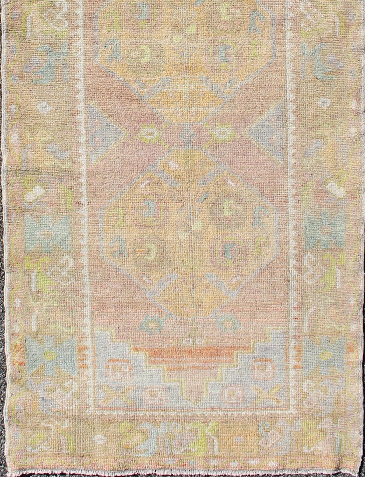 Vintage Turkish Oushak Runner With Geometric Medallions in Light Blue and Yellow Light Blue, Yellow, light Brown, light gray blue, light green and multi colors vintage Turkish Oushak runner with Geometric medallions, Keivan Woven Arts / rug EN - ... - Keivan Woven ArtsEN - 165869 - 9516Rug