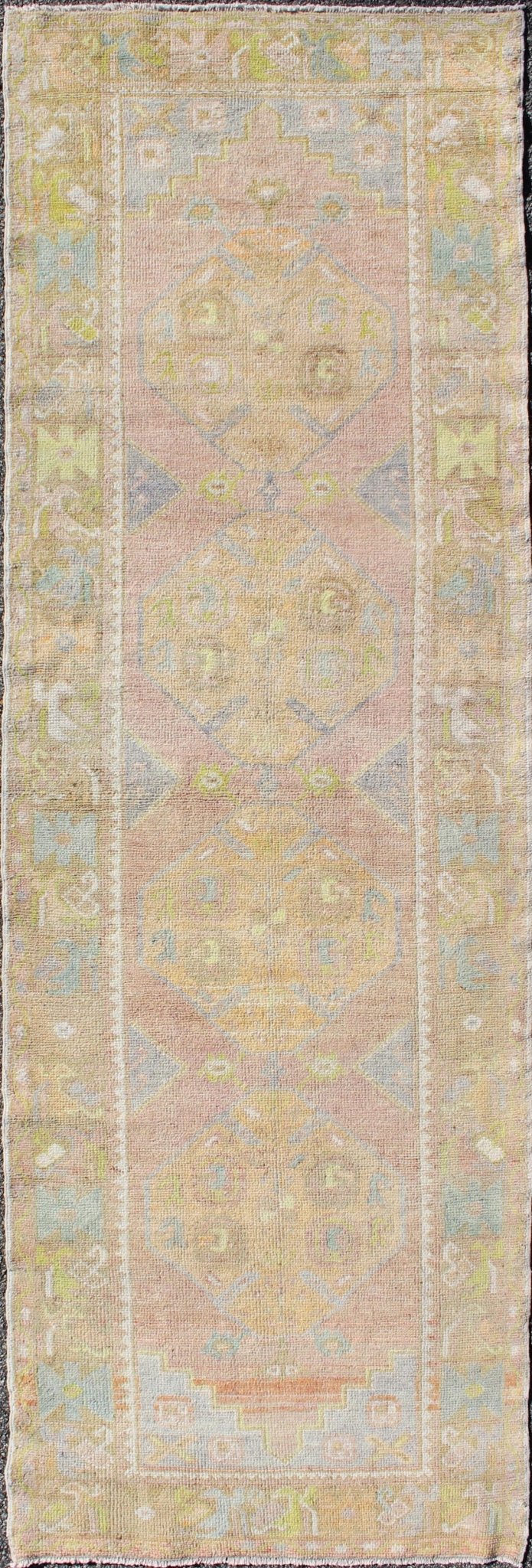 Vintage Turkish Oushak Runner With Geometric Medallions in Light Blue and Yellow Light Blue, Yellow, light Brown, light gray blue, light green and multi colors vintage Turkish Oushak runner with Geometric medallions, Keivan Woven Arts / rug EN - ... - Keivan Woven ArtsEN - 165869 - 9516Rug