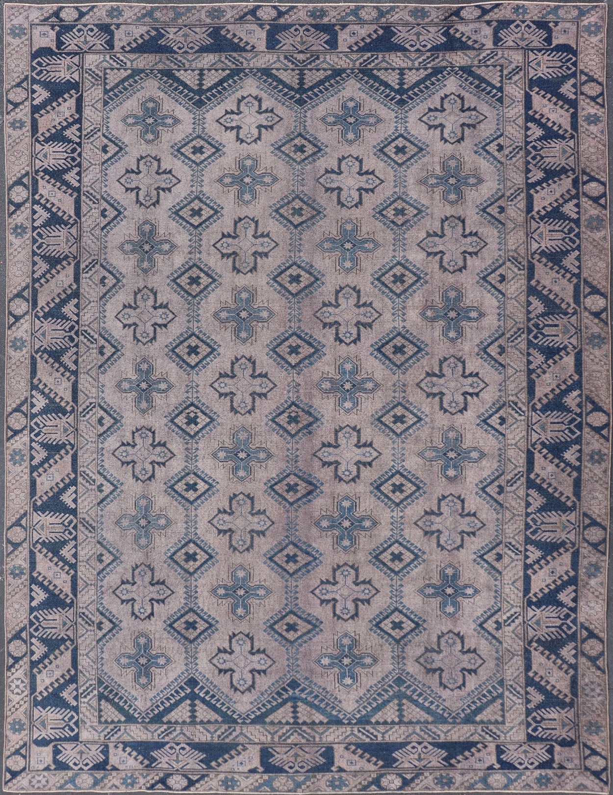 Antique Turkish Oushak Rug in Blue with Geometric Design Turkish Oushak Carpet with Geometric Designs, rug en - 165874, country of origin / type: Turkey / Oushak, circa 1910 This Oushak rug from Turkey features an all - over design of repeat... - Keivan Woven ArtsEN - 165874 - 11219Rug
