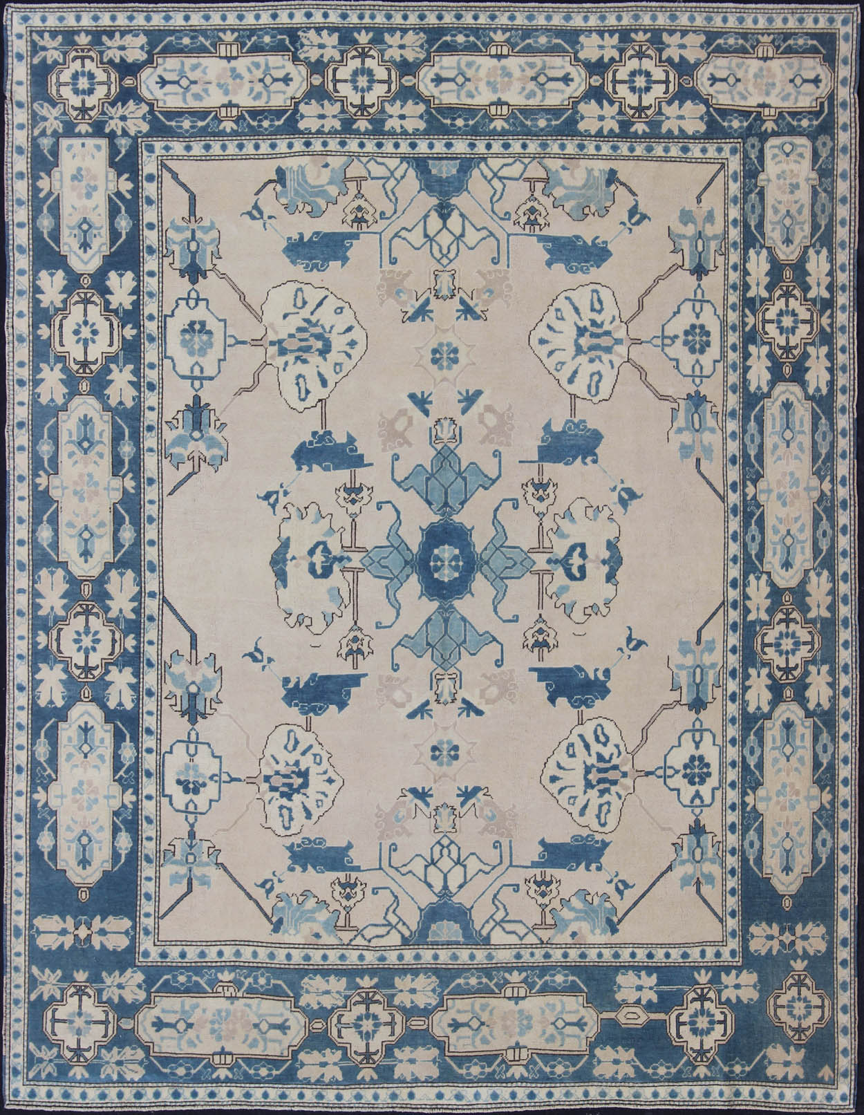 Oushak Rug from Mid - 20th Century Turkey with Blue and Cream Tribal Design Vintage Turkish Oushak in Cream and Blue, rug en - 165875, country of origin / type: Turkey / Oushak, circa 1940 This tribal design Oushak carpet features an array of... - Keivan Woven ArtsEN - 165875 - 11249Rug