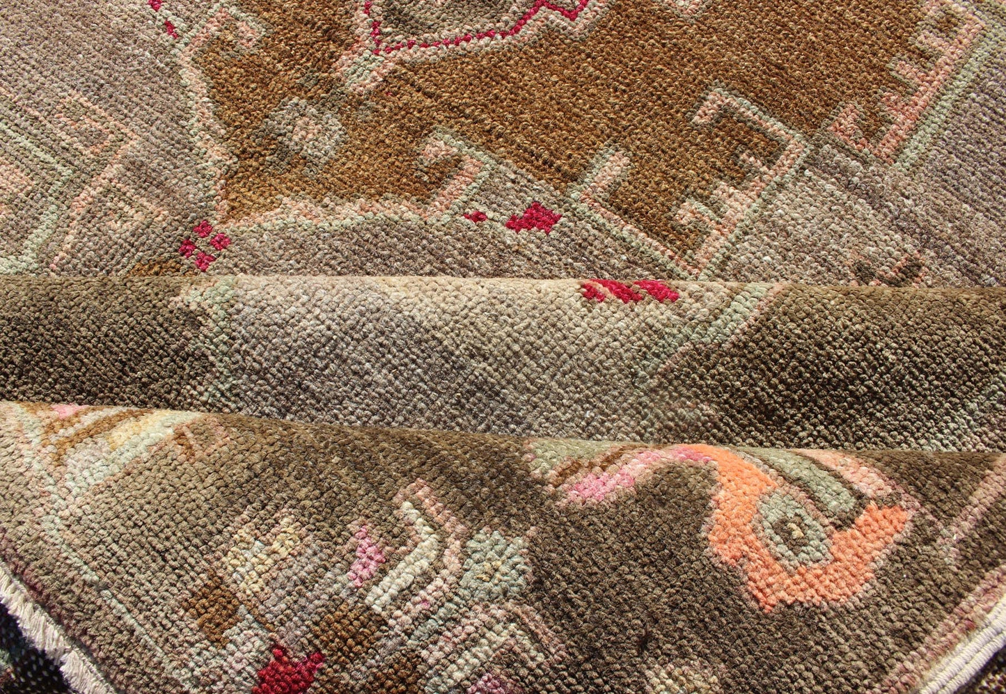 Over Sized Turkish Gallery Runner with Two Large Medallions in Salmon and Browns kwarugs Vintage wide Gallery runner from Turkey with Medallion design in various tones of blush, salmon, light pink, various shades of greens and browns rug / Keiva... - Keivan Woven ArtsEN - 165931 - 12375Rug